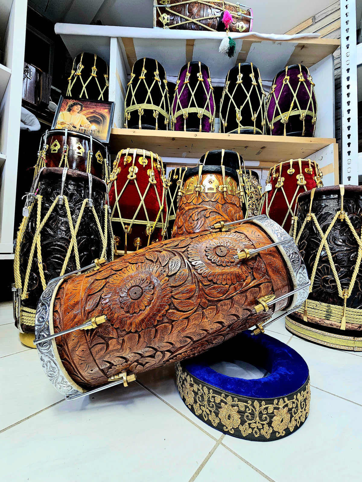 Silver Symphony: Engraved Red Sheesham Pakistani Dholak with Silver-Colored Metal Rims