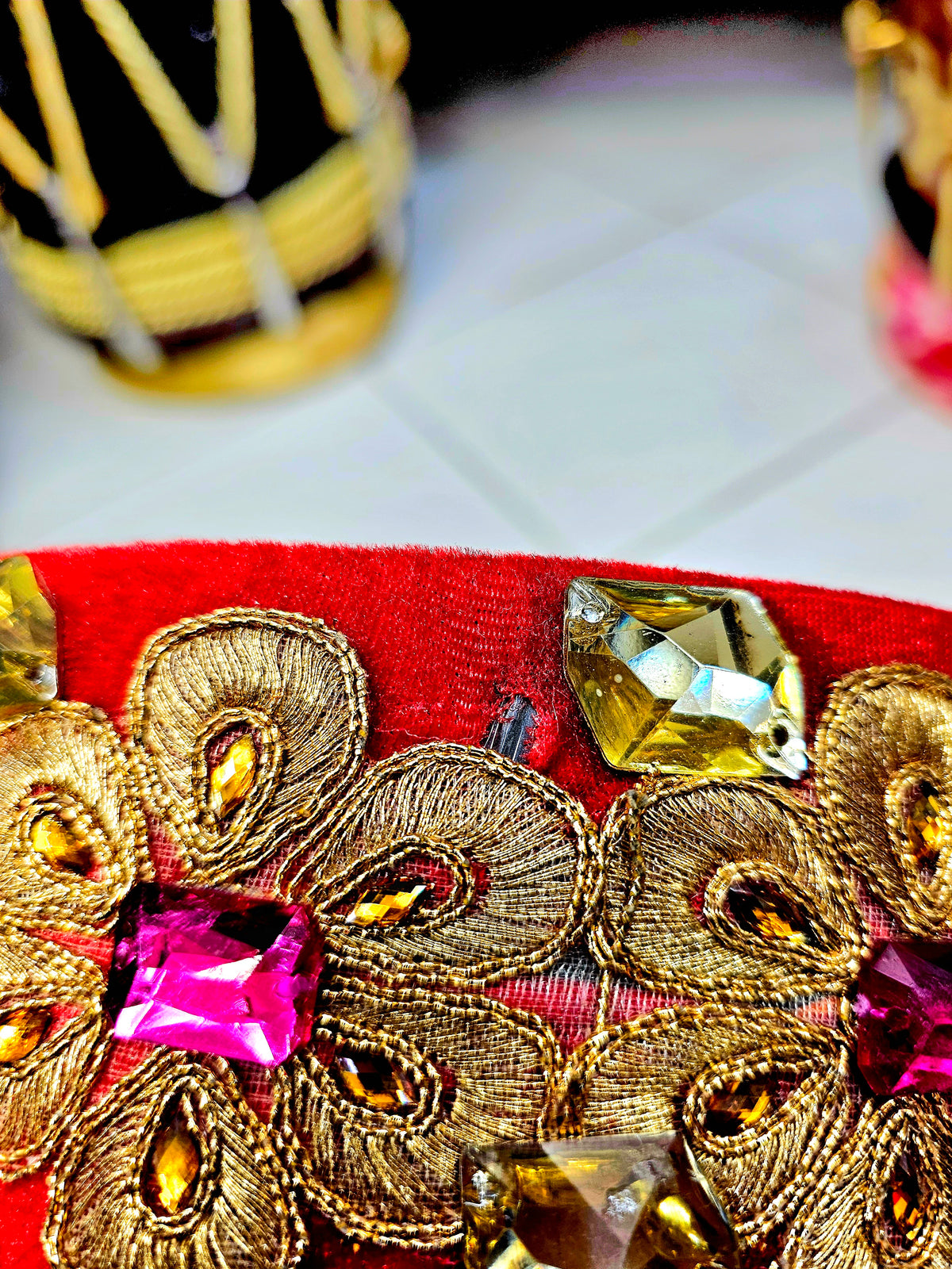 Ruby Radiance: Red Tabla Rings Set with Pink and Yellow Jewels (Minor Cosmetic Defects) - Sangeet Store