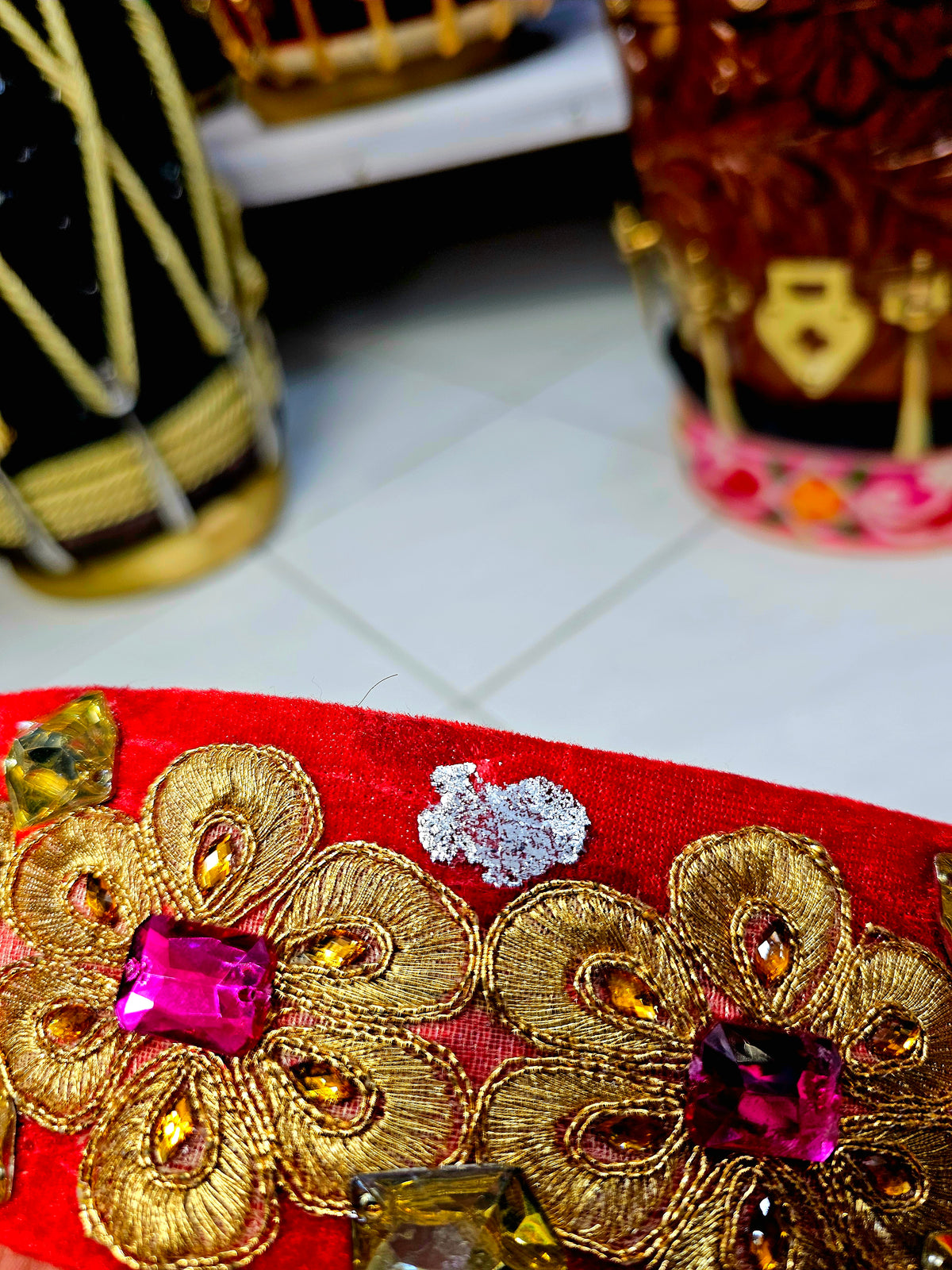 Ruby Radiance: Red Tabla Rings Set with Pink and Yellow Jewels (Minor Cosmetic Defects) - Sangeet Store