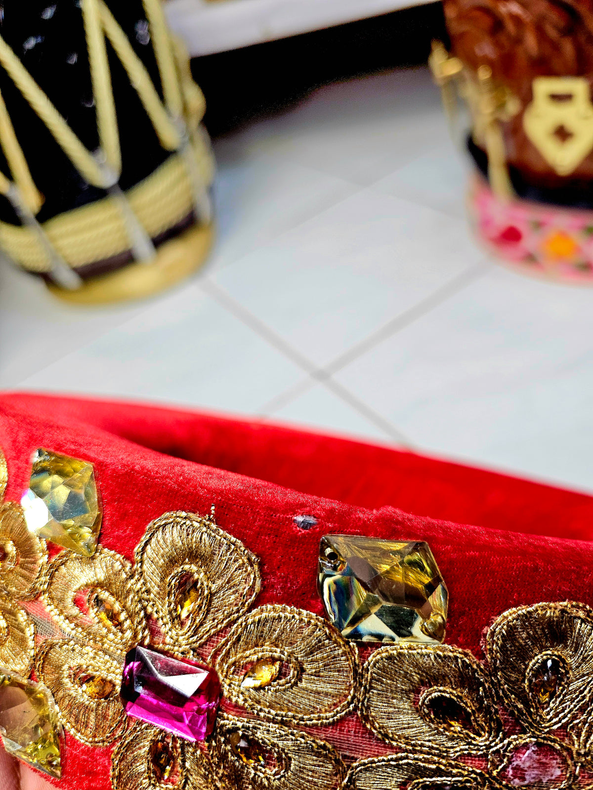 Ruby Radiance: Red Tabla Rings Set with Pink and Yellow Jewels (Minor Cosmetic Defects) - Sangeet Store