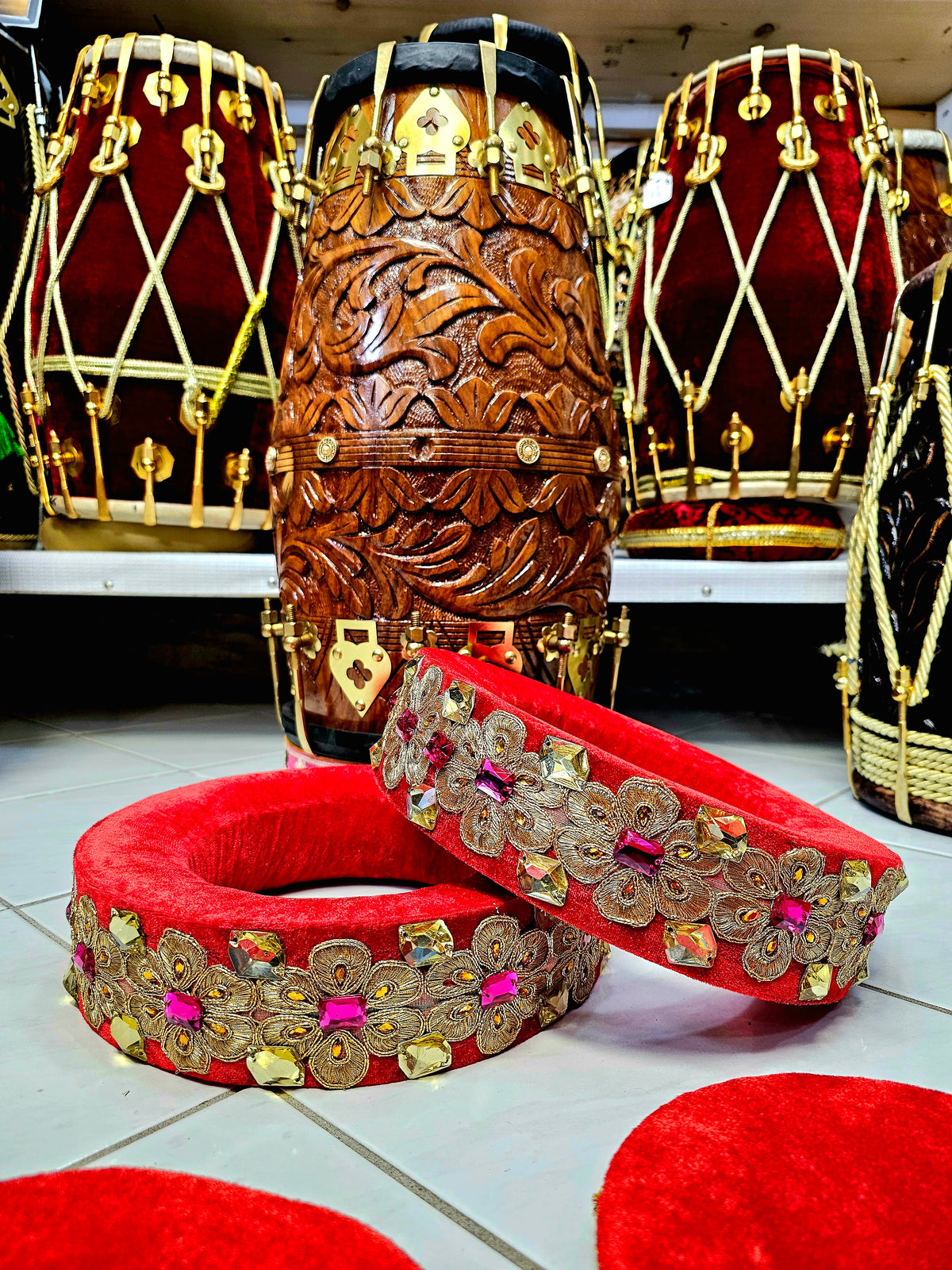 Ruby Radiance: Red Tabla Rings Set with Pink and Yellow Jewels (Minor Cosmetic Defects) - Sangeet Store