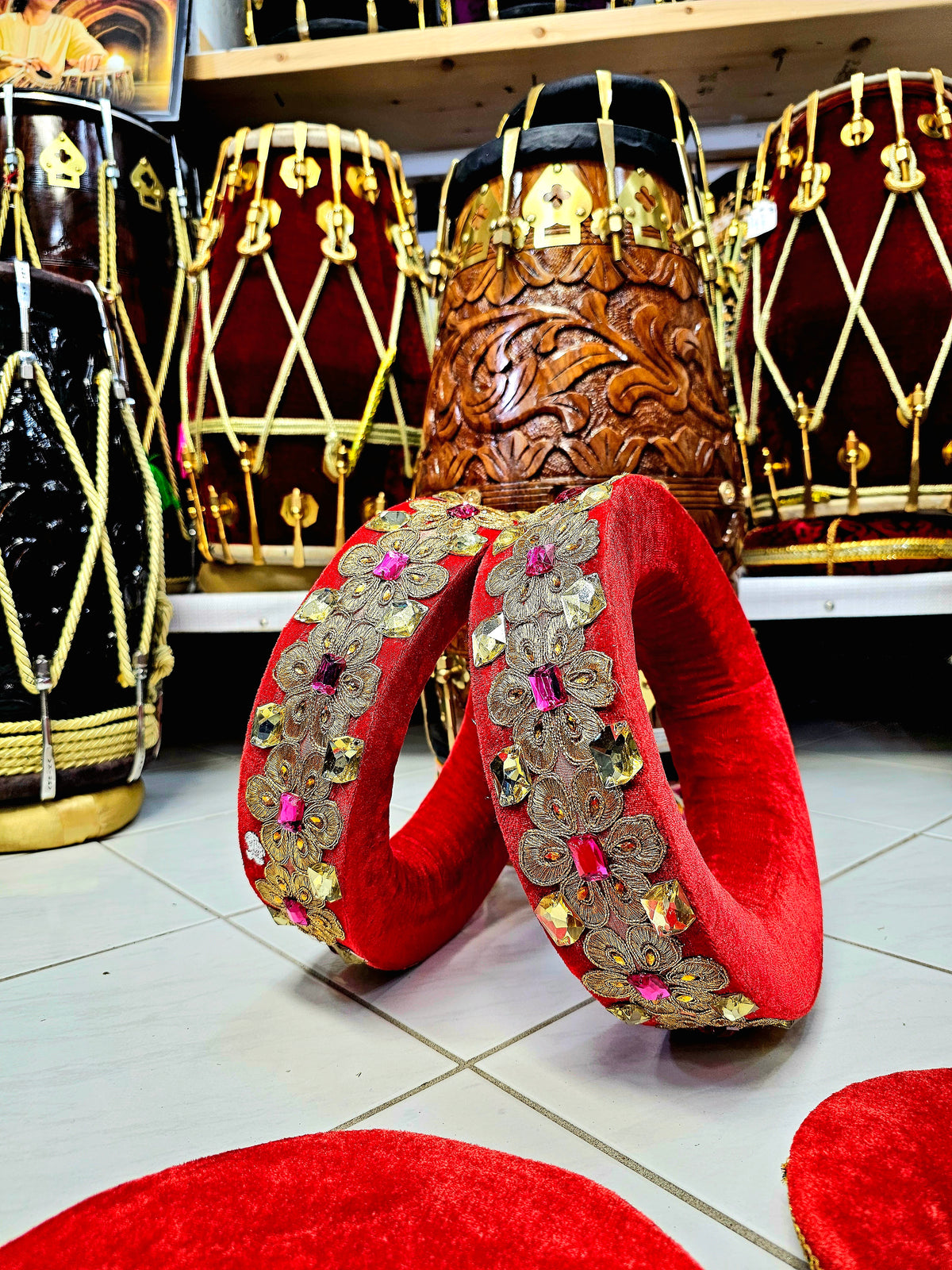 Ruby Radiance: Red Tabla Rings Set with Pink and Yellow Jewels (Minor Cosmetic Defects) - Sangeet Store