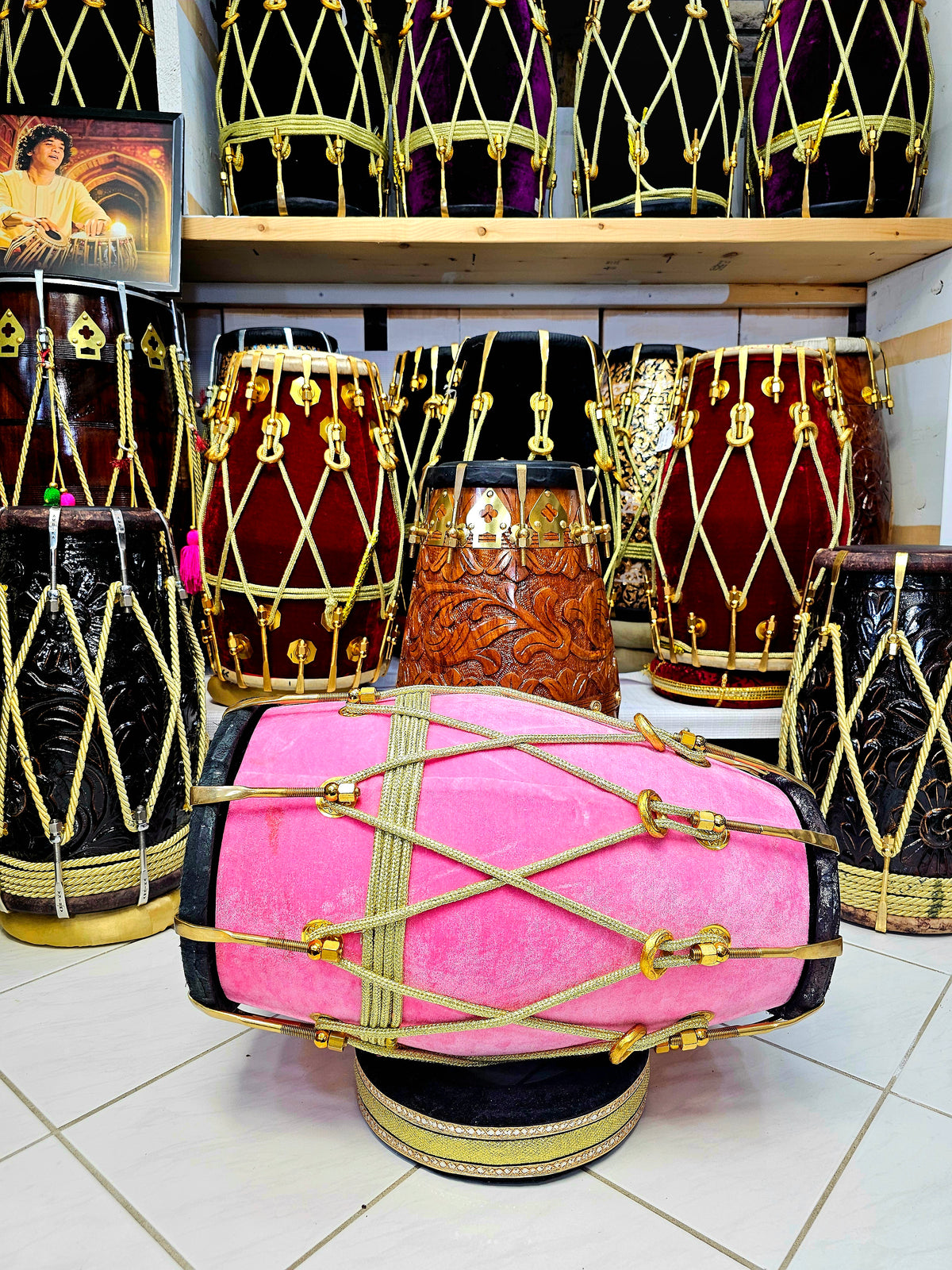 Rose Velvet Serenade: Pink Velvet Dholak with Black Skins *Minor cosmetic defects on treble skin*