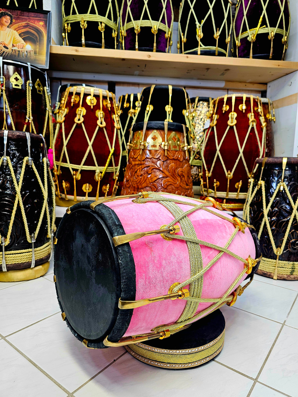 Rose Velvet Serenade: Pink Velvet Dholak with Black Skins *Minor cosmetic defects on treble skin*
