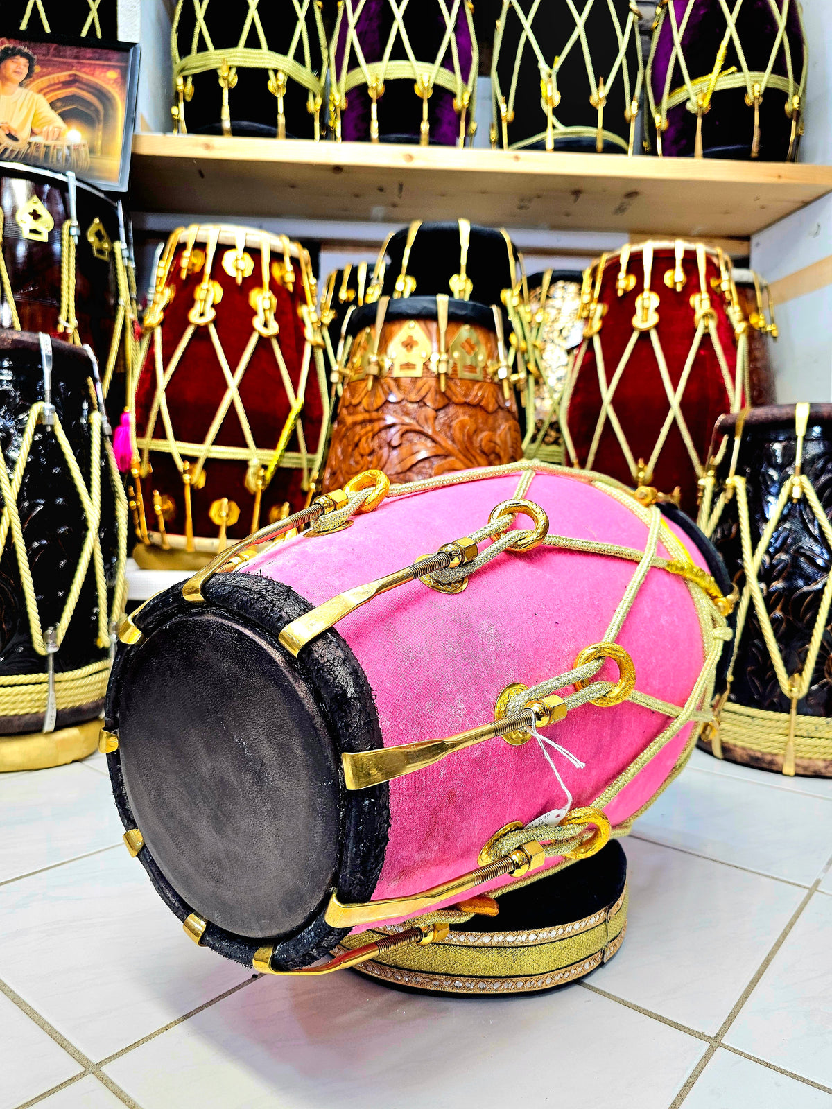 Rose Velvet Serenade: Pink Velvet Dholak with Black Skins *Minor cosmetic defects on treble skin*