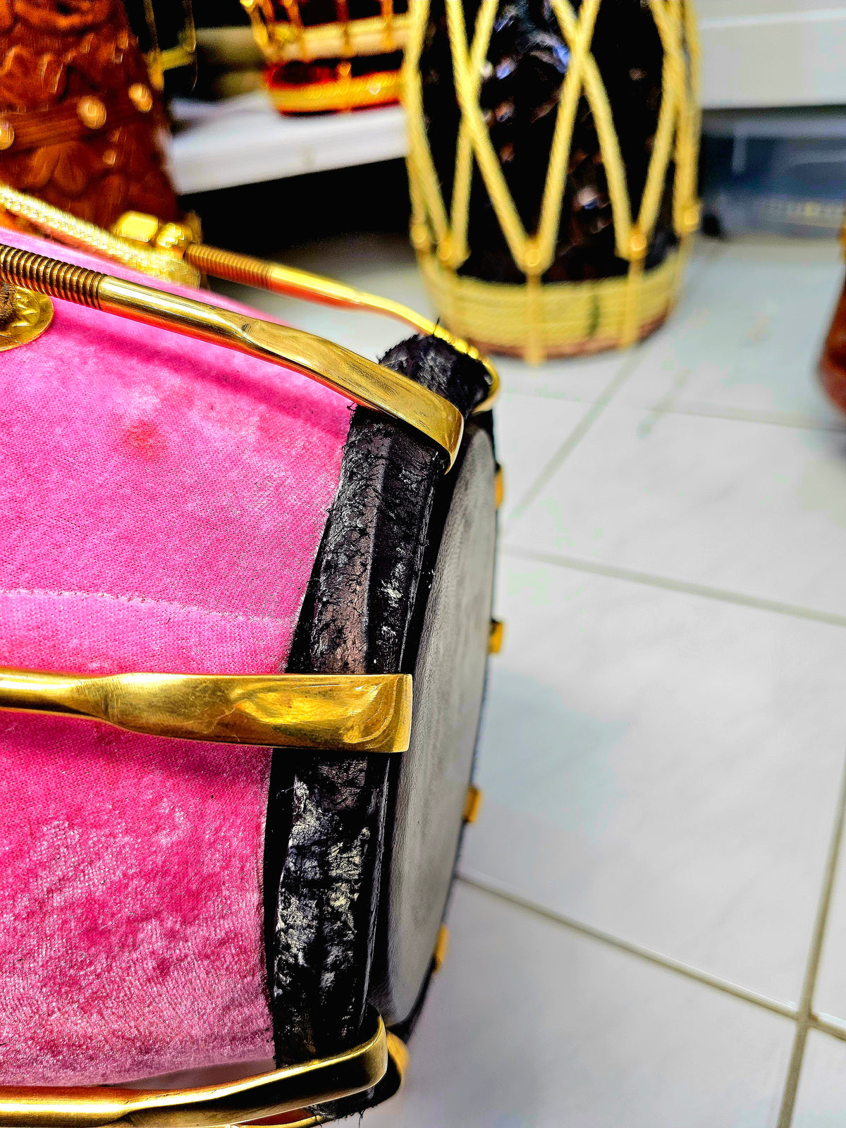 Rose Velvet Serenade: Pink Velvet Dholak with Black Skins *Minor cosmetic defects on treble skin*