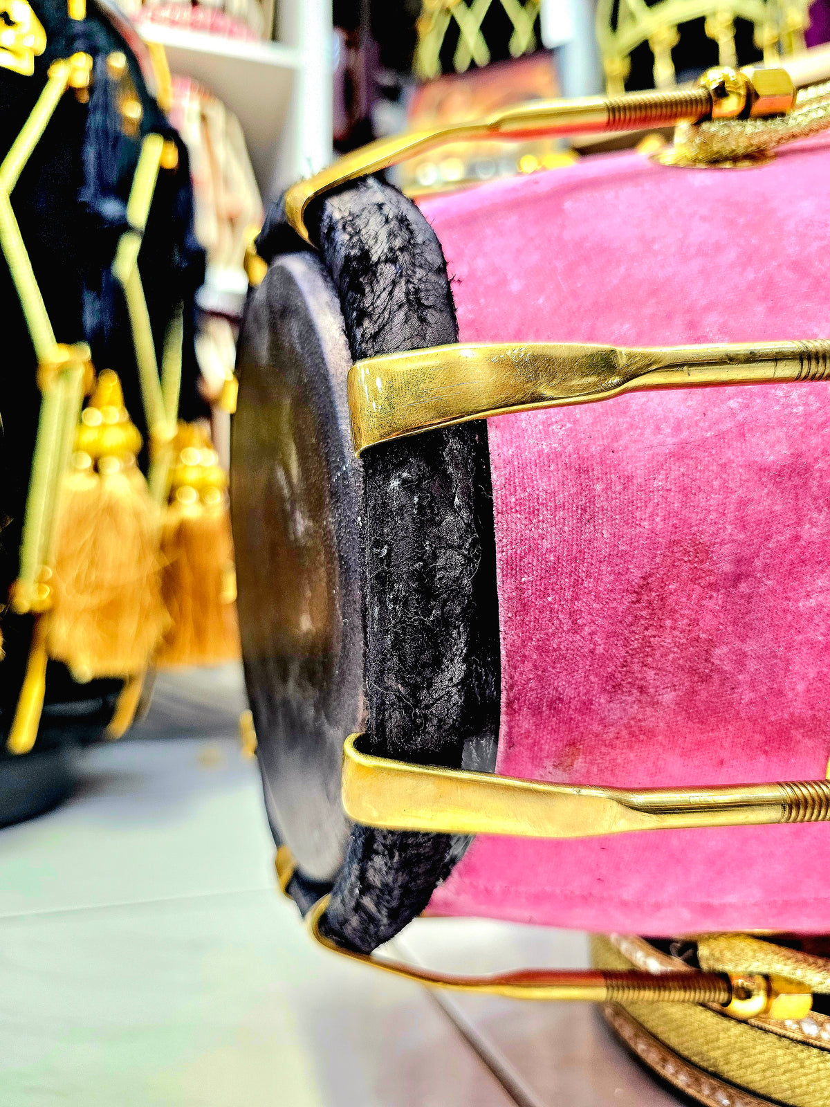 Rose Velvet Serenade: Pink Velvet Dholak with Black Skins *Minor cosmetic defects on treble skin*