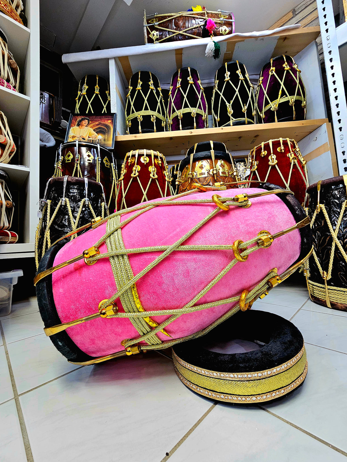 Rose Velvet Serenade: Pink Velvet Dholak with Black Skins *Minor cosmetic defects on treble skin*