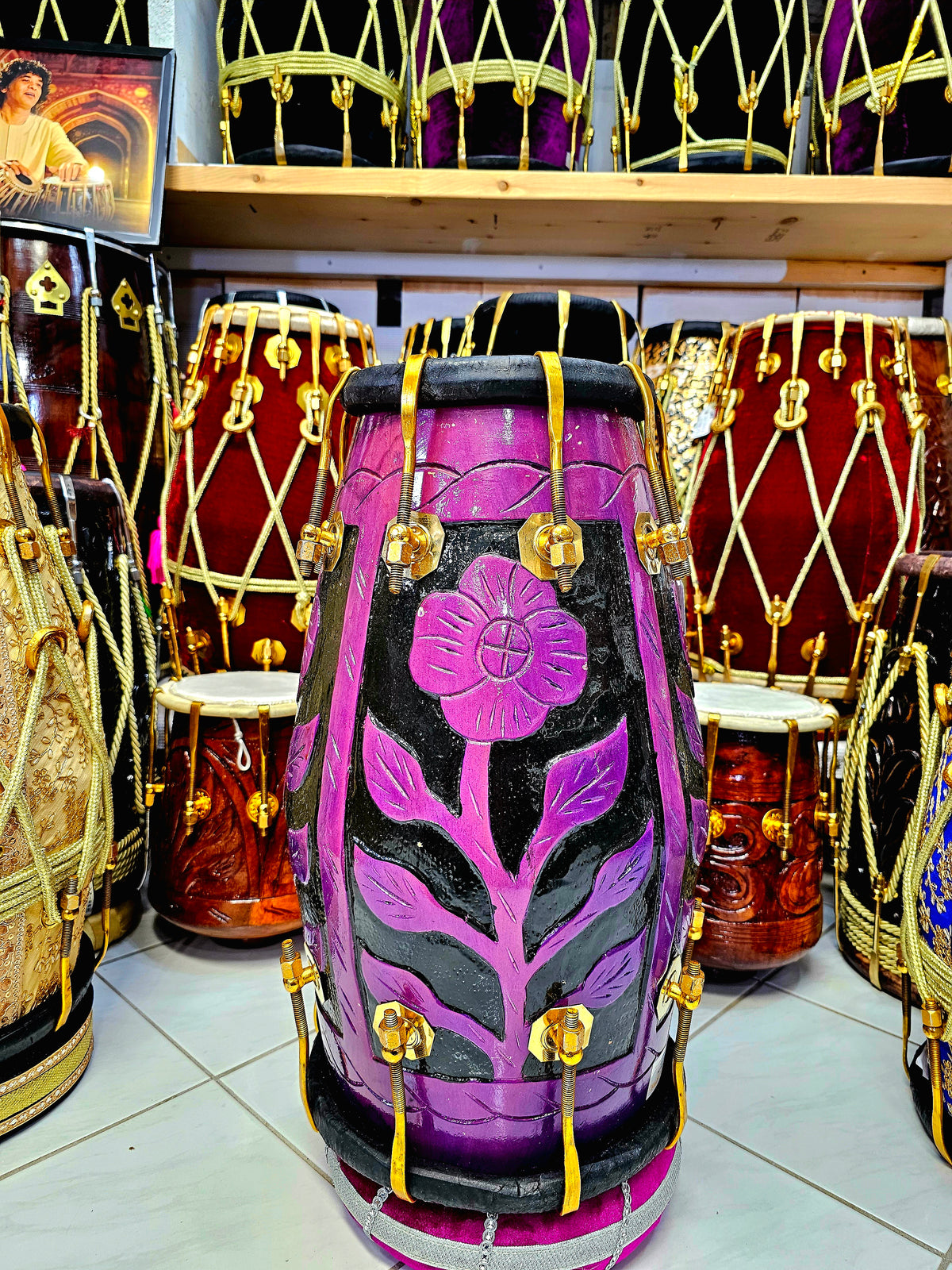 Orchid Blossom Painted Encarved Red Sheesham Dholak