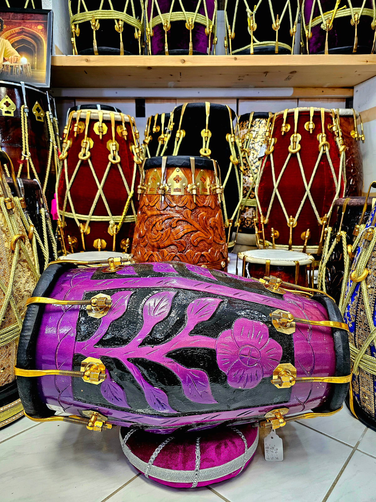 Orchid Blossom Painted Encarved Red Sheesham Dholak