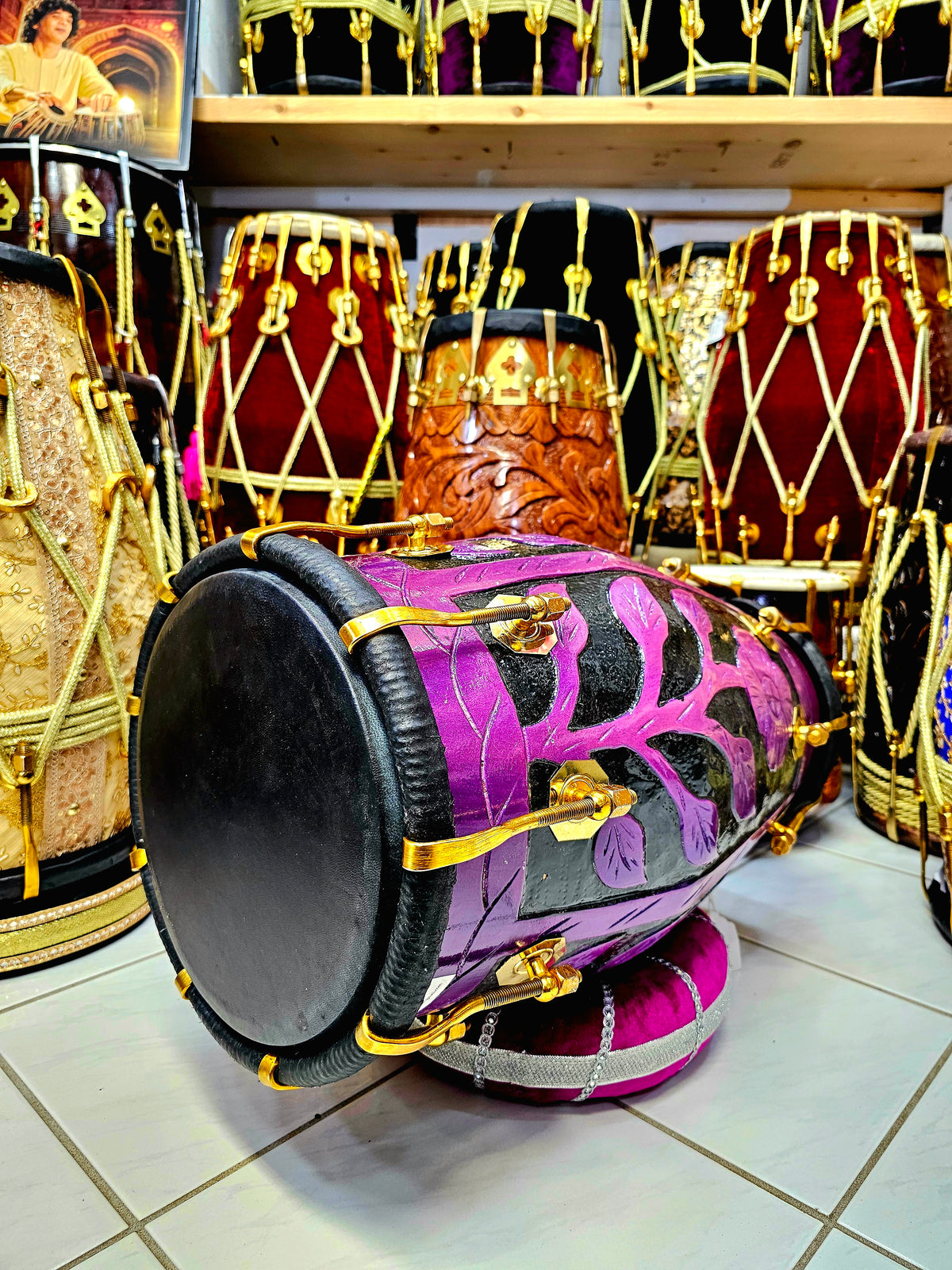 Orchid Blossom Painted Encarved Red Sheesham Dholak