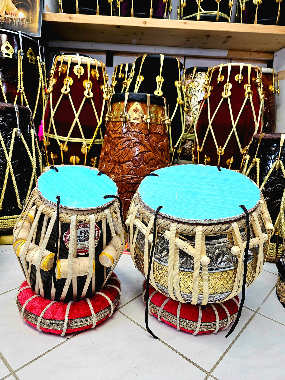 Majestic Harmony: 5.5" Bijessar Wood D# Dayan + 9.25" Encarved Brass Bayan Concert Tabla Set *"Starting From" Price is for Dayan Only* Slight Hissing