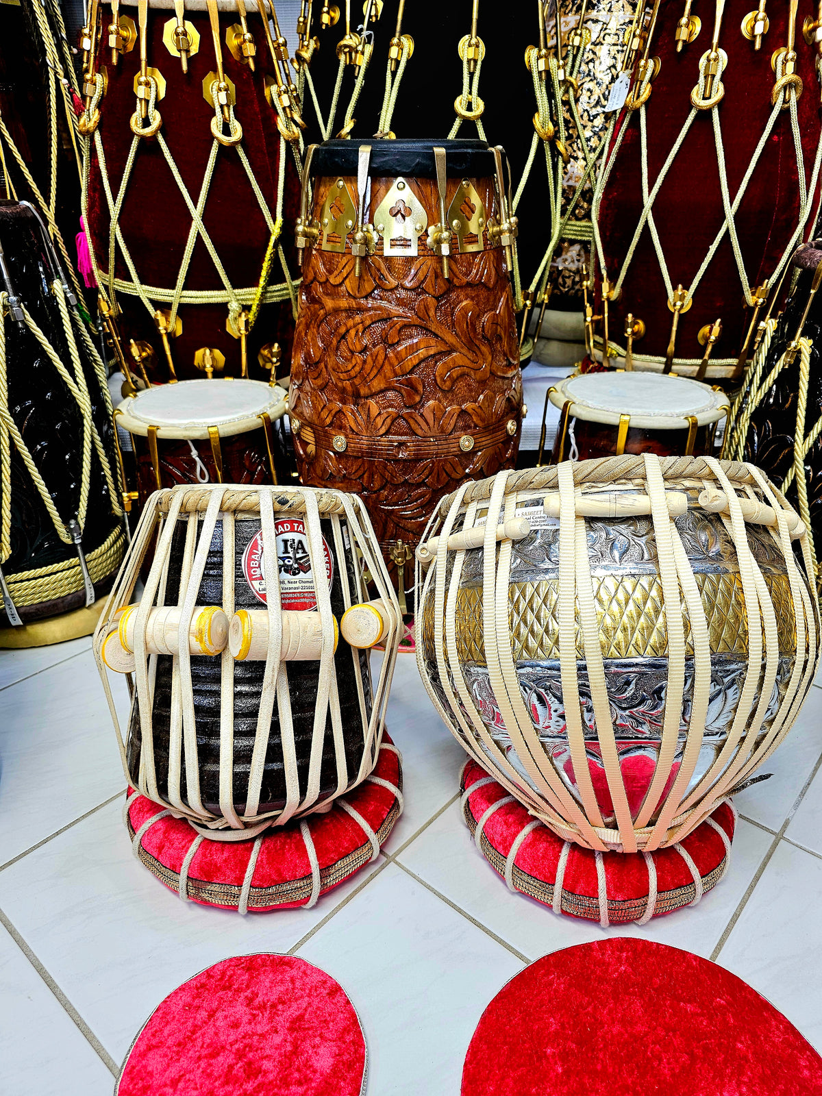 Majestic Harmony: 5.5" Bijessar Wood D# Dayan + 9.25" Encarved Brass Bayan Concert Tabla Set *"Starting From" Price is for Dayan Only* Slight Hissing