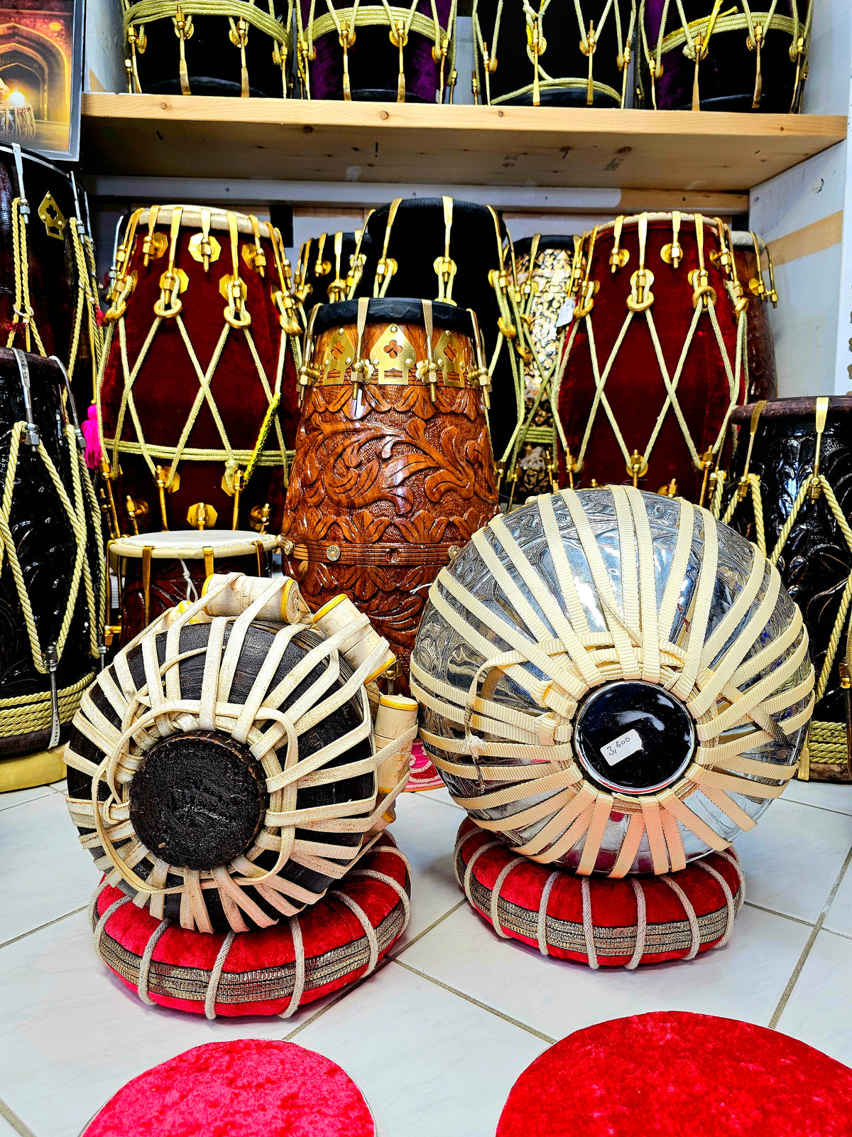 Majestic Harmony: 5.5" Bijessar Wood D# Dayan + 9.25" Encarved Brass Bayan Concert Tabla Set *"Starting From" Price is for Dayan Only* Slight Hissing