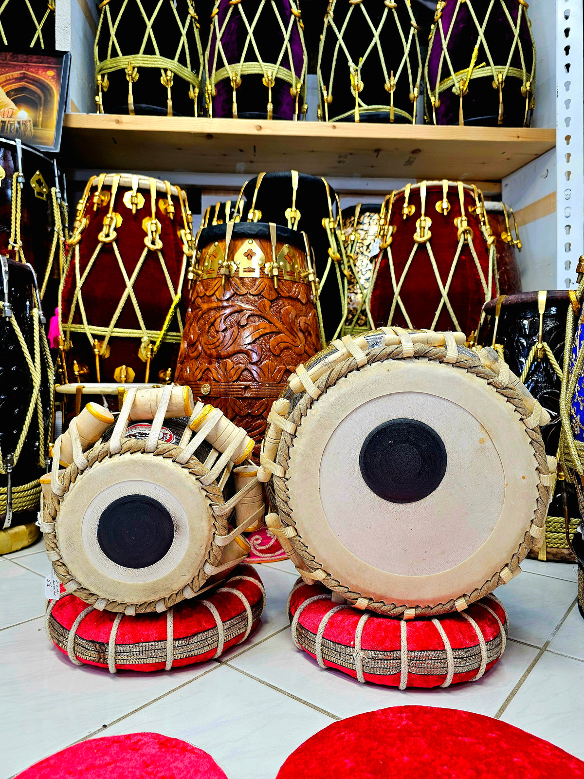 Majestic Harmony: 5.5" Bijessar Wood D# Dayan + 9.25" Encarved Brass Bayan Concert Tabla Set *"Starting From" Price is for Dayan Only* Slight Hissing