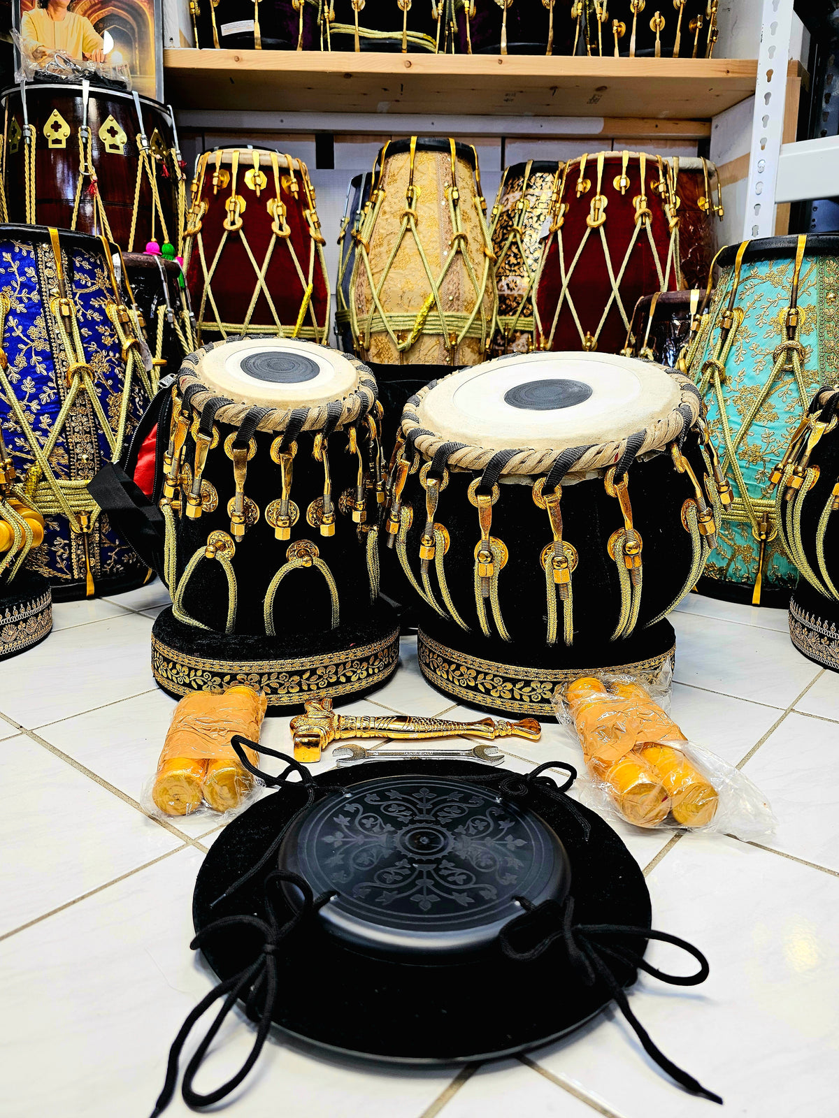 Anand's Custom Package: Black Sheesham Dayan + Copper Bayan Black Velvet Tabla Set + 2 Engraved Majeeras + 38" Dandtaal