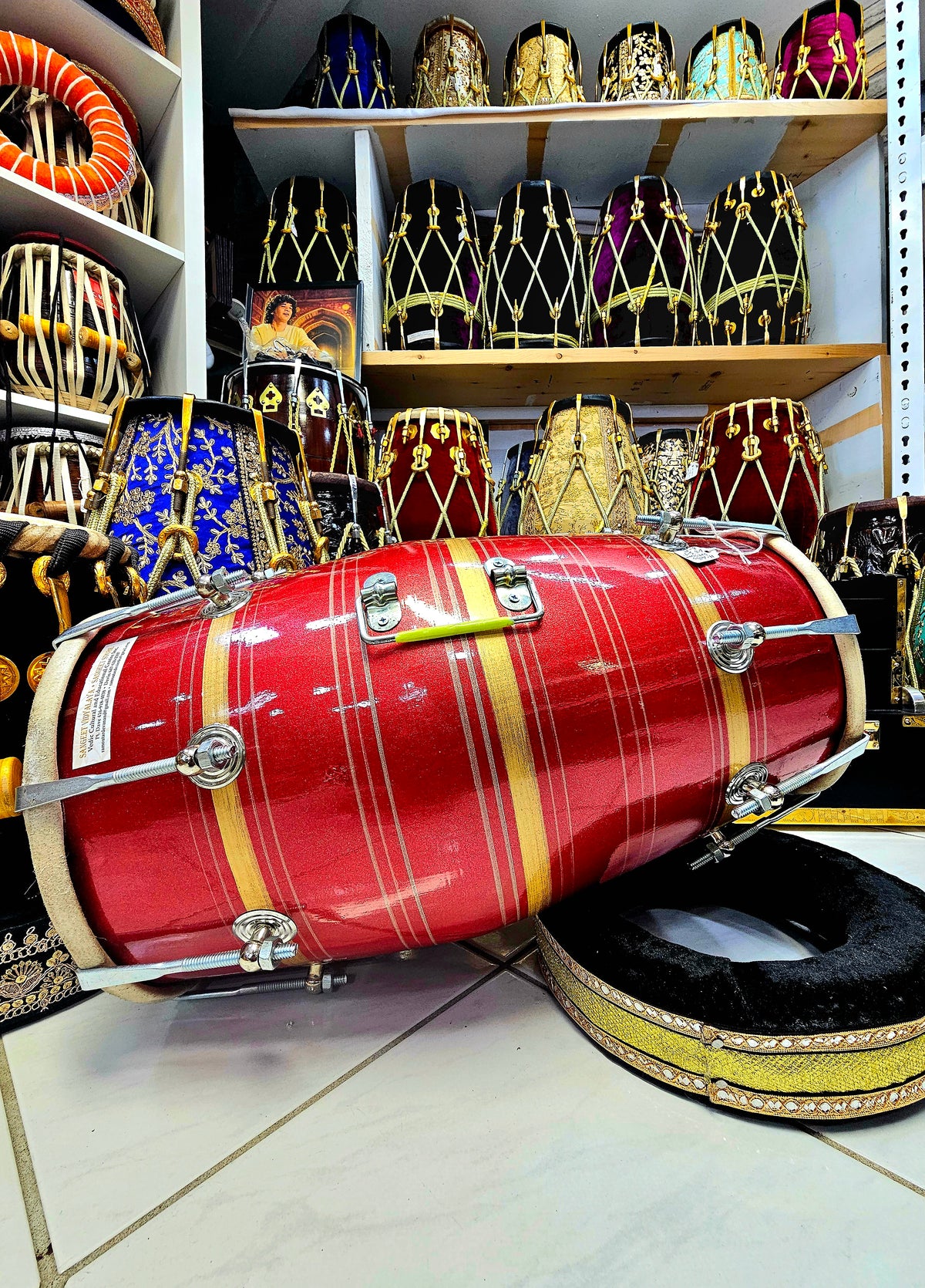 Scarlet Serenade: Red Painted Red Sheesham Dholak with Chrome Bolts and Handle