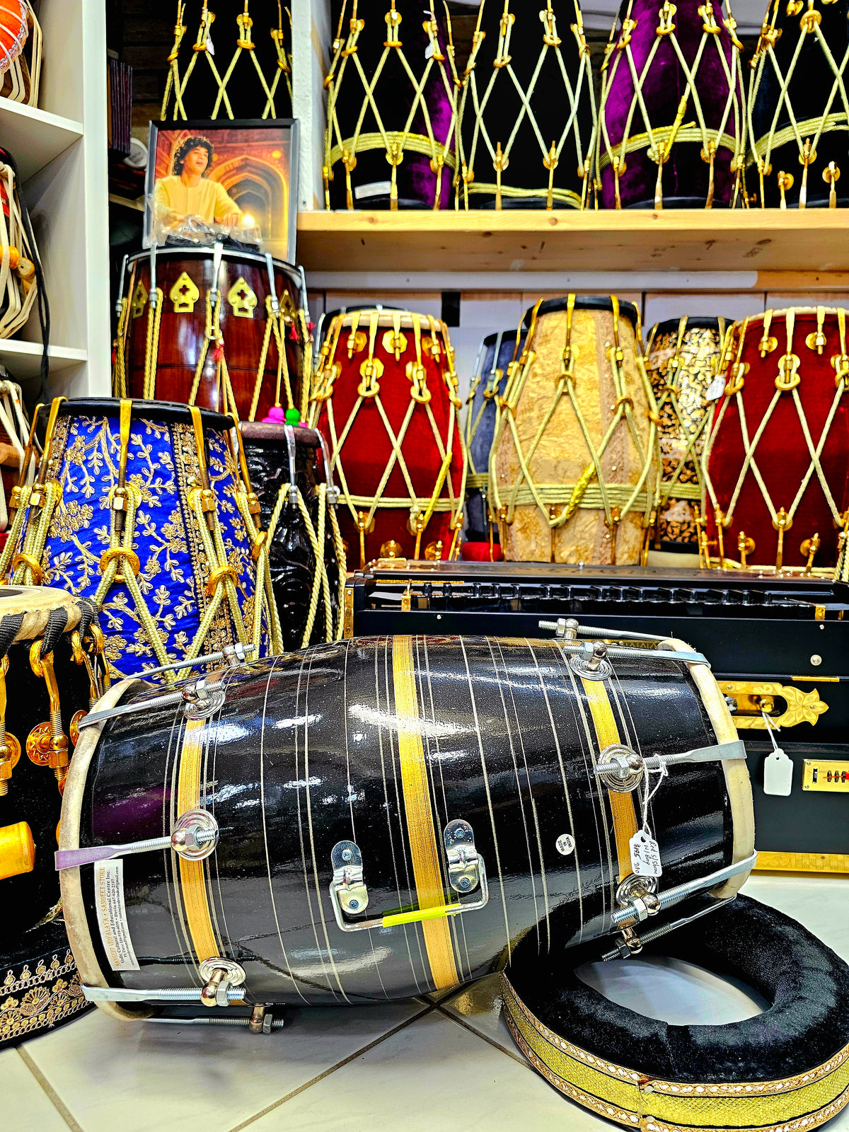 Midnight Melody: Black Painted Student Quality Red Sheesham Dholak with Chrome Bolts and Handle