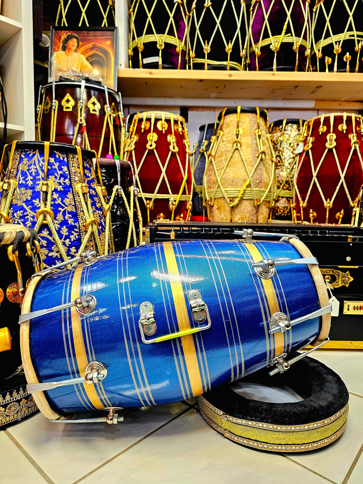 Azure Beat: Blue Painted Red Sheesham Dholak with Chrome Bolts and Handle