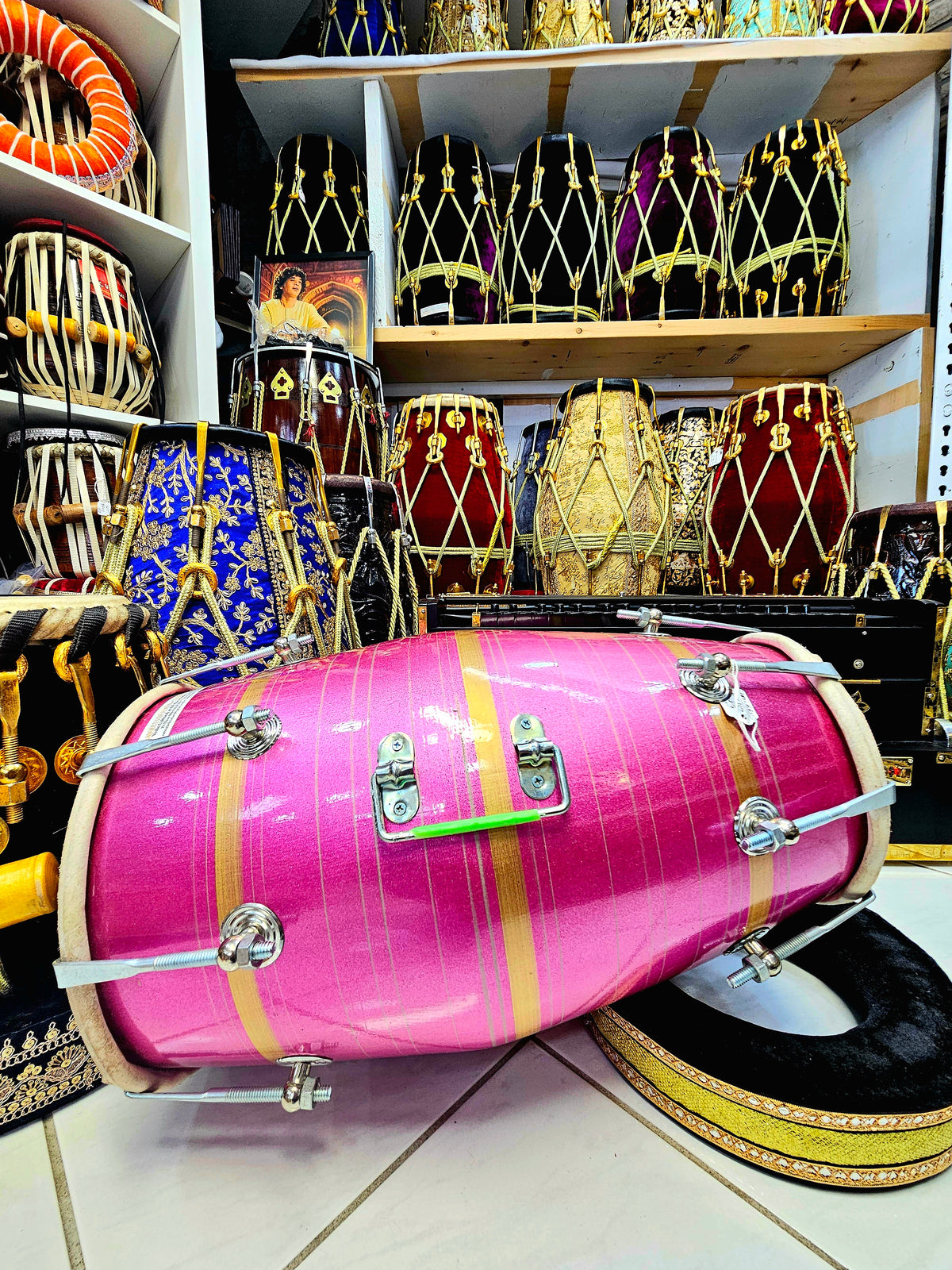 Rose Rhythm: Pink Painted Red Sheesham Student Quality Dholak with Chrome Bolts and Handle