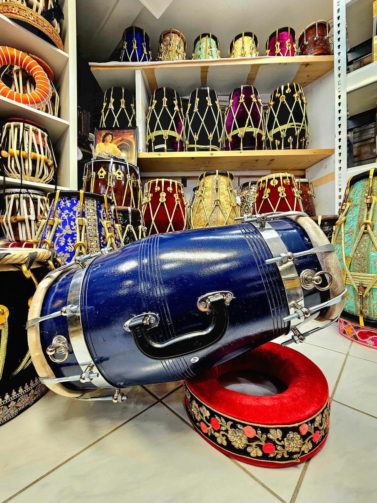 Nautical Rhythm: Navy Blue Bolted Professional Dholak with Chrome Bolts, 2 Metal Rings, and Handle