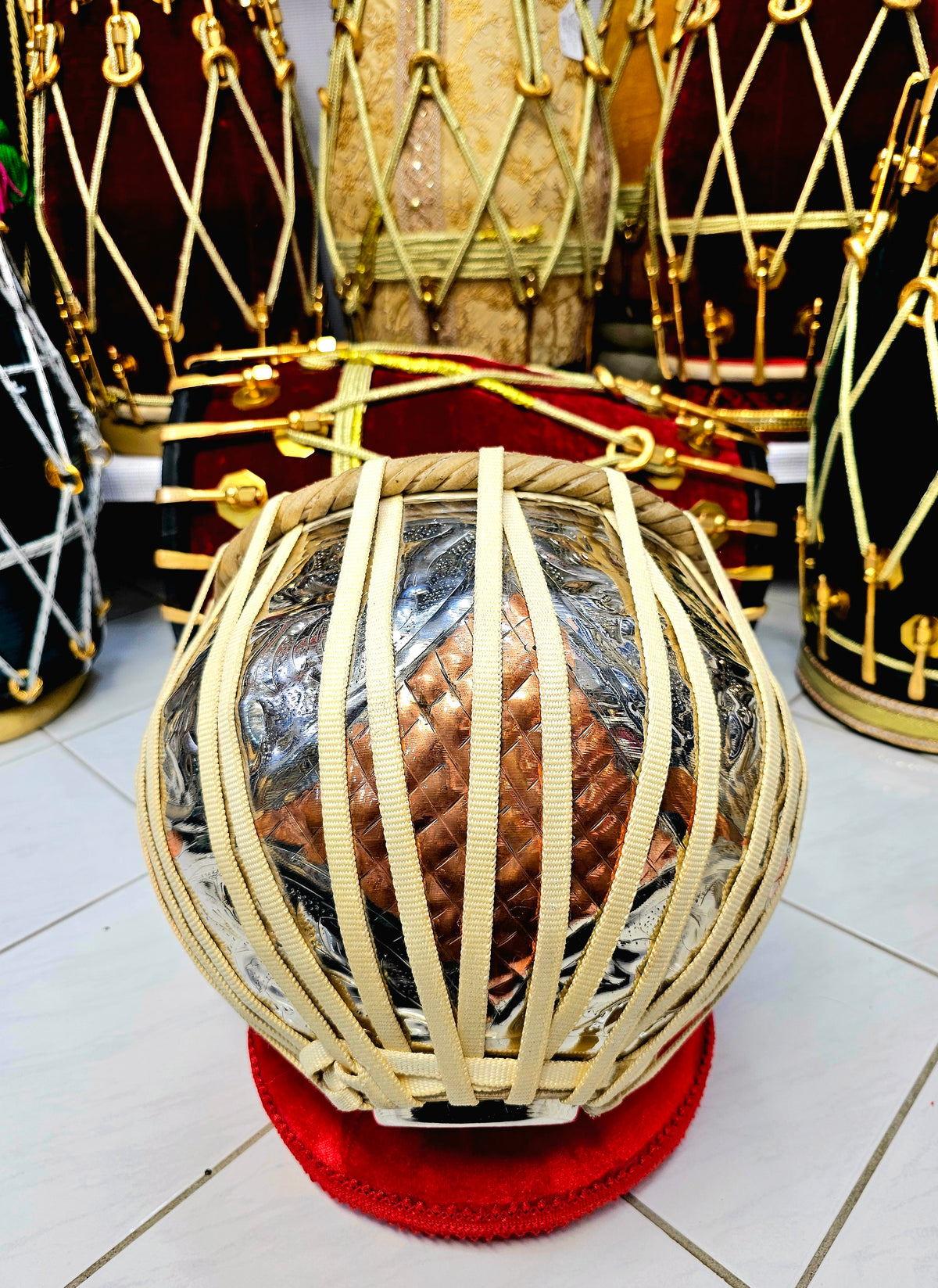 Regal Bronze Engraved 4.3kg Copper Bayan – 9.5" Nylon-Strapped Precision - Sangeet Store