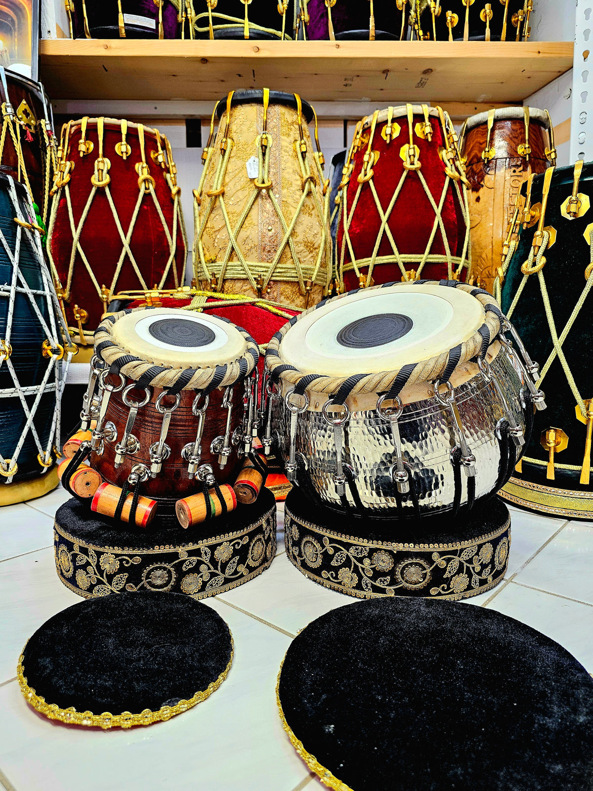 Crimson Crescendo: 5.75" C# Red Sheesham Dayan + 9.25" Silver Copper Bayan Bolted Tabla Set *Clearance Sale*