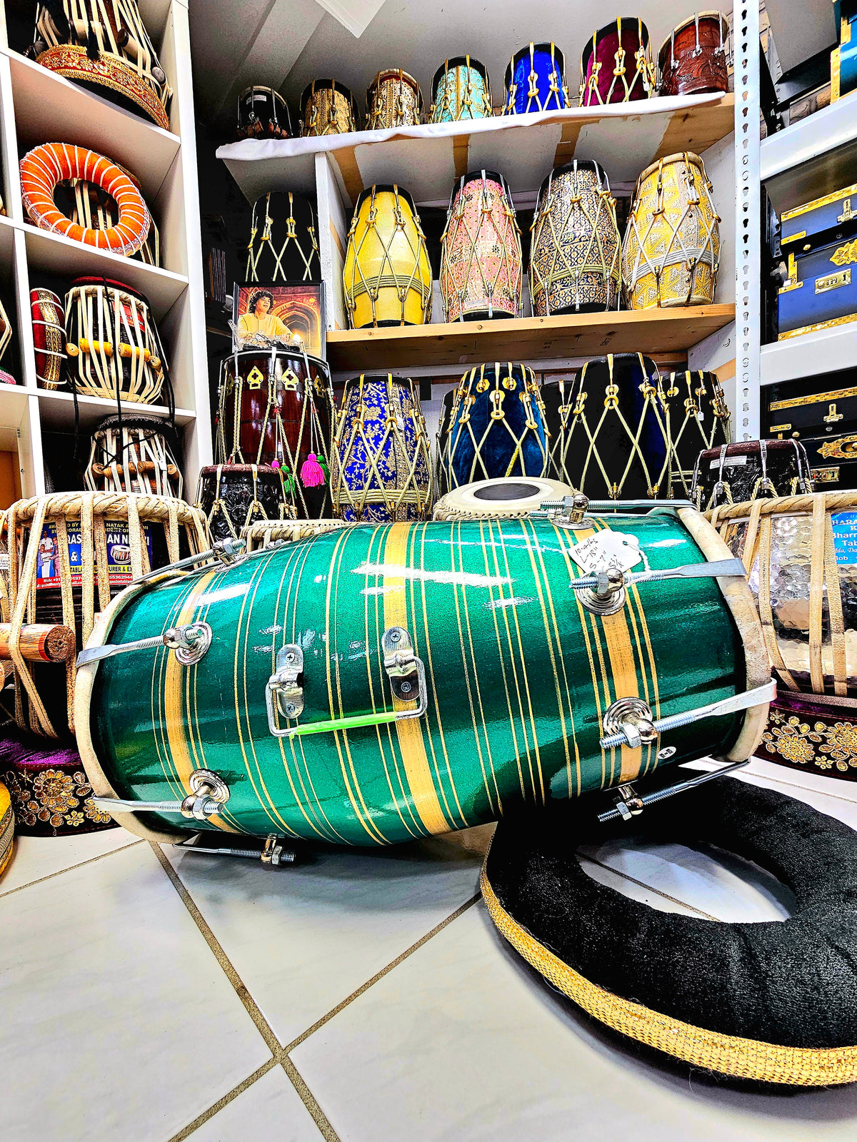 Emerald Echo: Green Painted Red Sheesham Student Quality Dholak with Chrome Bolts and Handle