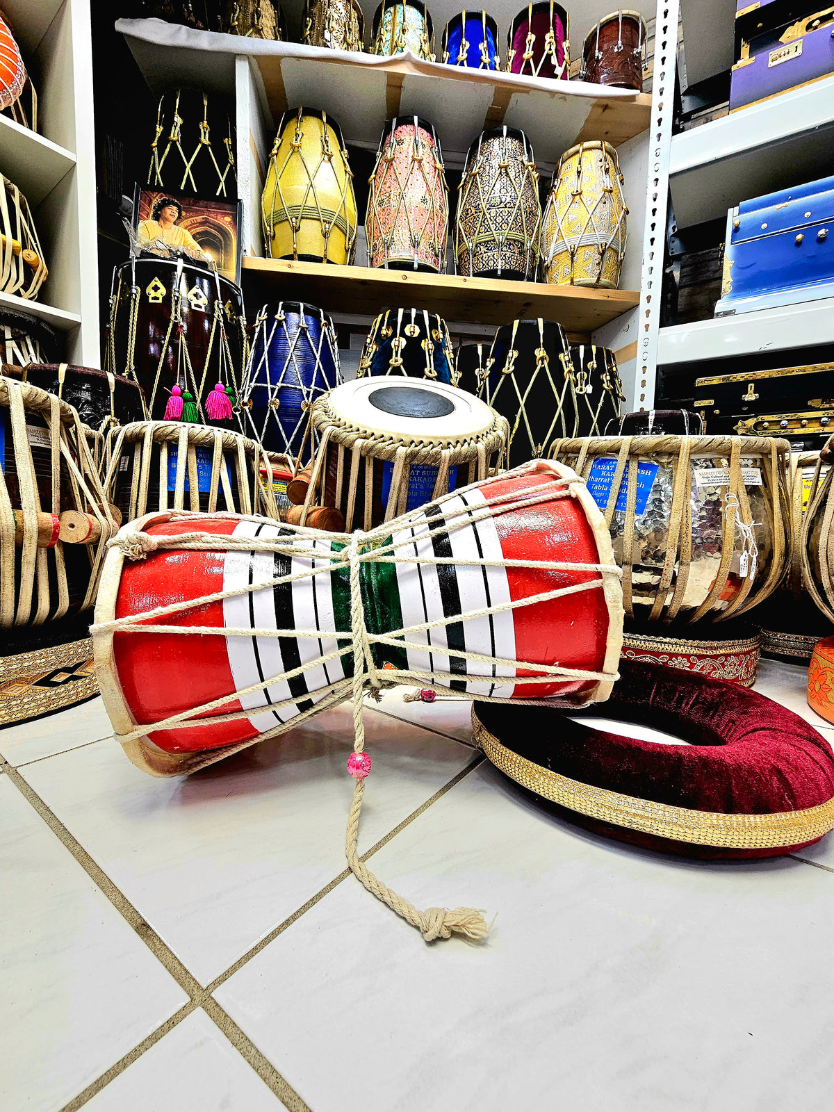 Trinity Rhythm Damru: Red, White, Black with Vibrant Green Core - Sangeet Store