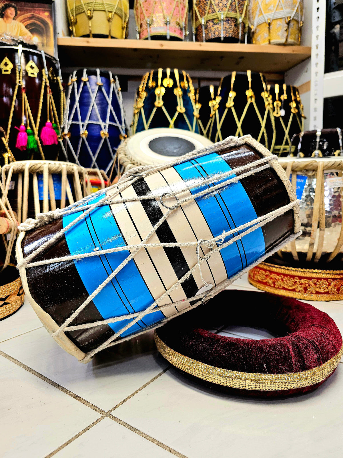 Blue, Black and White Toddler Dholak with white painted skins (1-3 Year Olds)