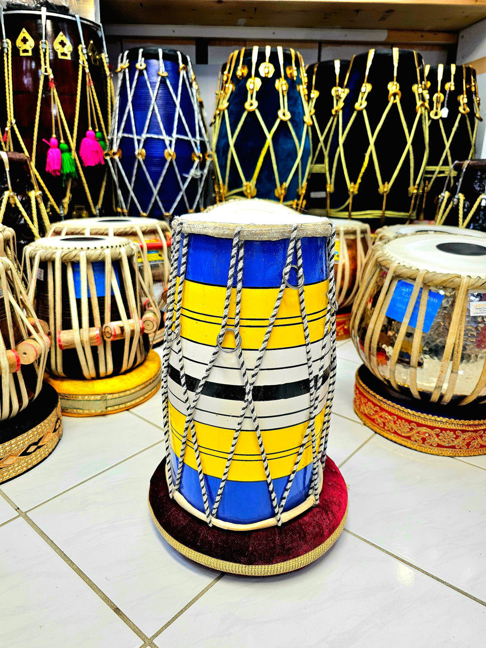 Blue, Yellow, White and Black Striped Toddler Dholak (13 Year Olds