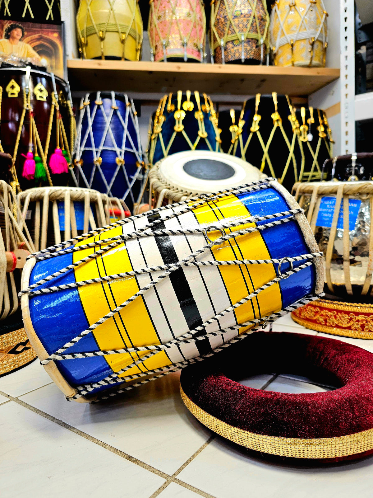 Blue, Yellow, White and Black Striped Toddler Dholak (1-3 Year Olds)