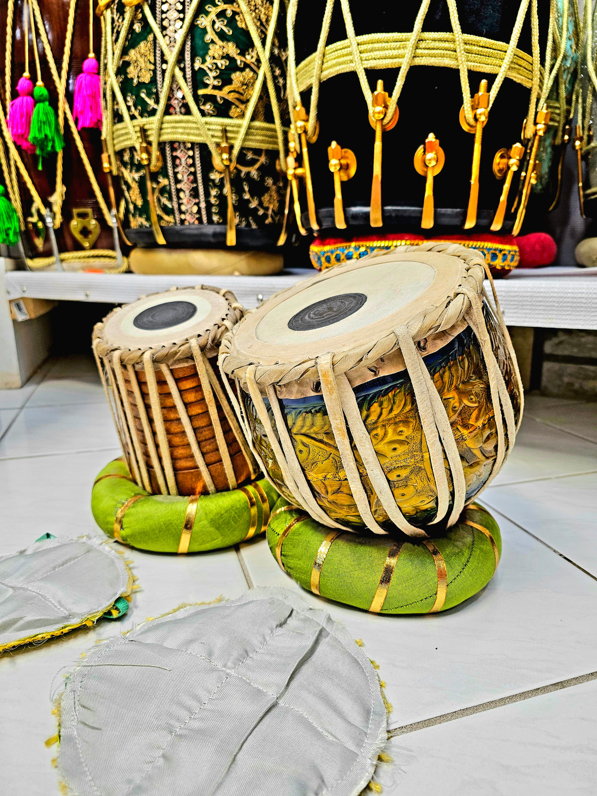 Regal Harmony Decorative Mini Tabla Set (Gold & Blue Engraved Bayan, Wooden Dayan, Minor Cosmetic Defects) - Sangeet Store