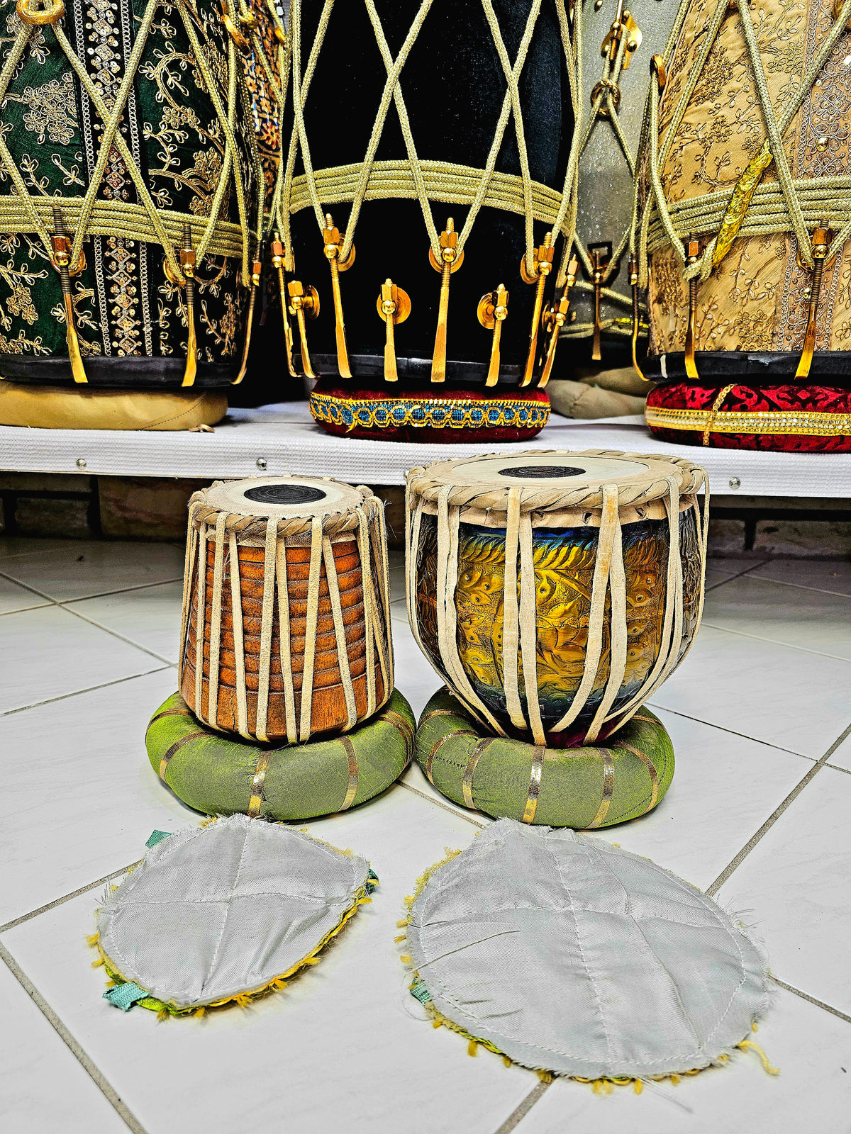 Regal Harmony Decorative Mini Tabla Set (Gold & Blue Engraved Bayan, Wooden Dayan, Minor Cosmetic Defects) - Sangeet Store