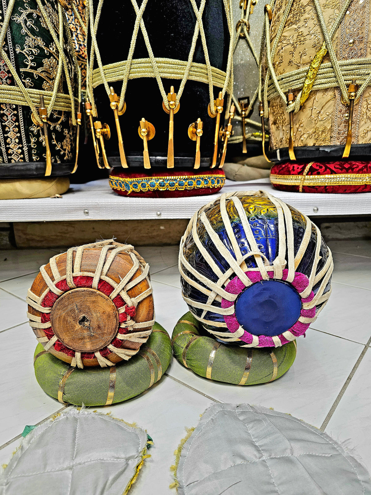 Regal Harmony Decorative Mini Tabla Set (Gold & Blue Engraved Bayan, Wooden Dayan, Minor Cosmetic Defects) - Sangeet Store