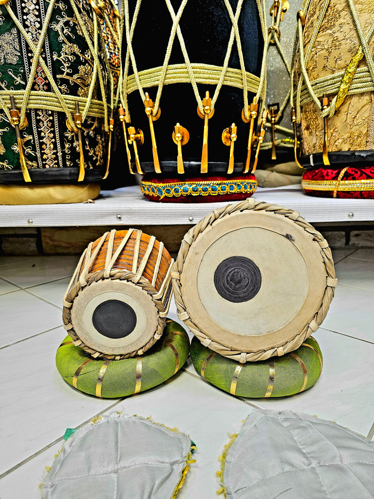 Regal Harmony Decorative Mini Tabla Set (Gold & Blue Engraved Bayan, Wooden Dayan, Minor Cosmetic Defects) - Sangeet Store