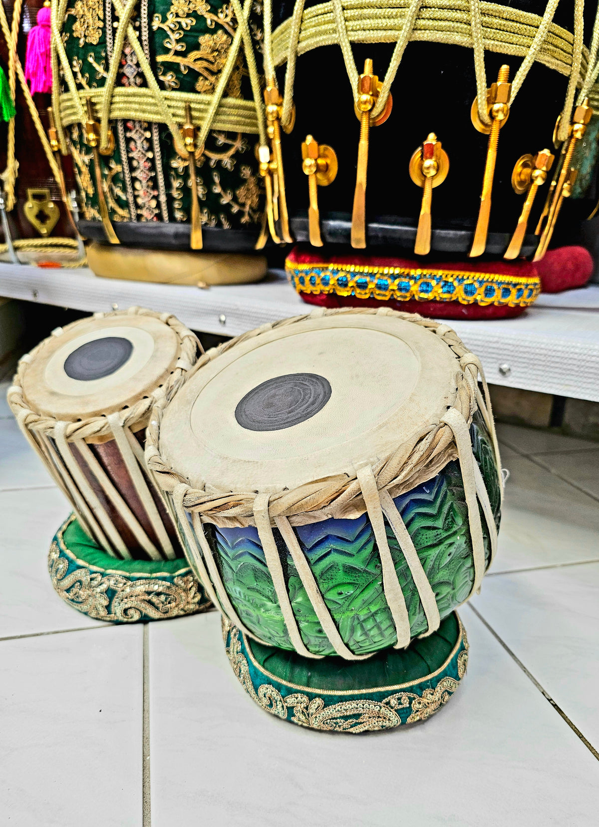 Tranquil Melody Decorative Mini Tabla Set (Green & Blue Bayan, Wooden Dayan) - Sangeet Store