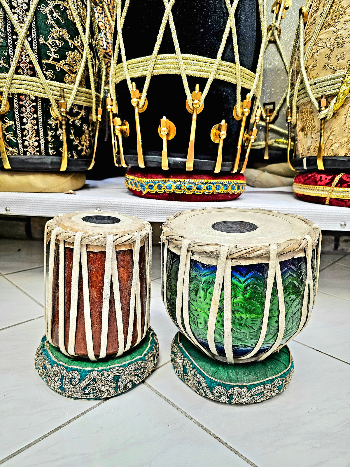 Tranquil Melody Decorative Mini Tabla Set (Green & Blue Bayan, Wooden Dayan) - Sangeet Store