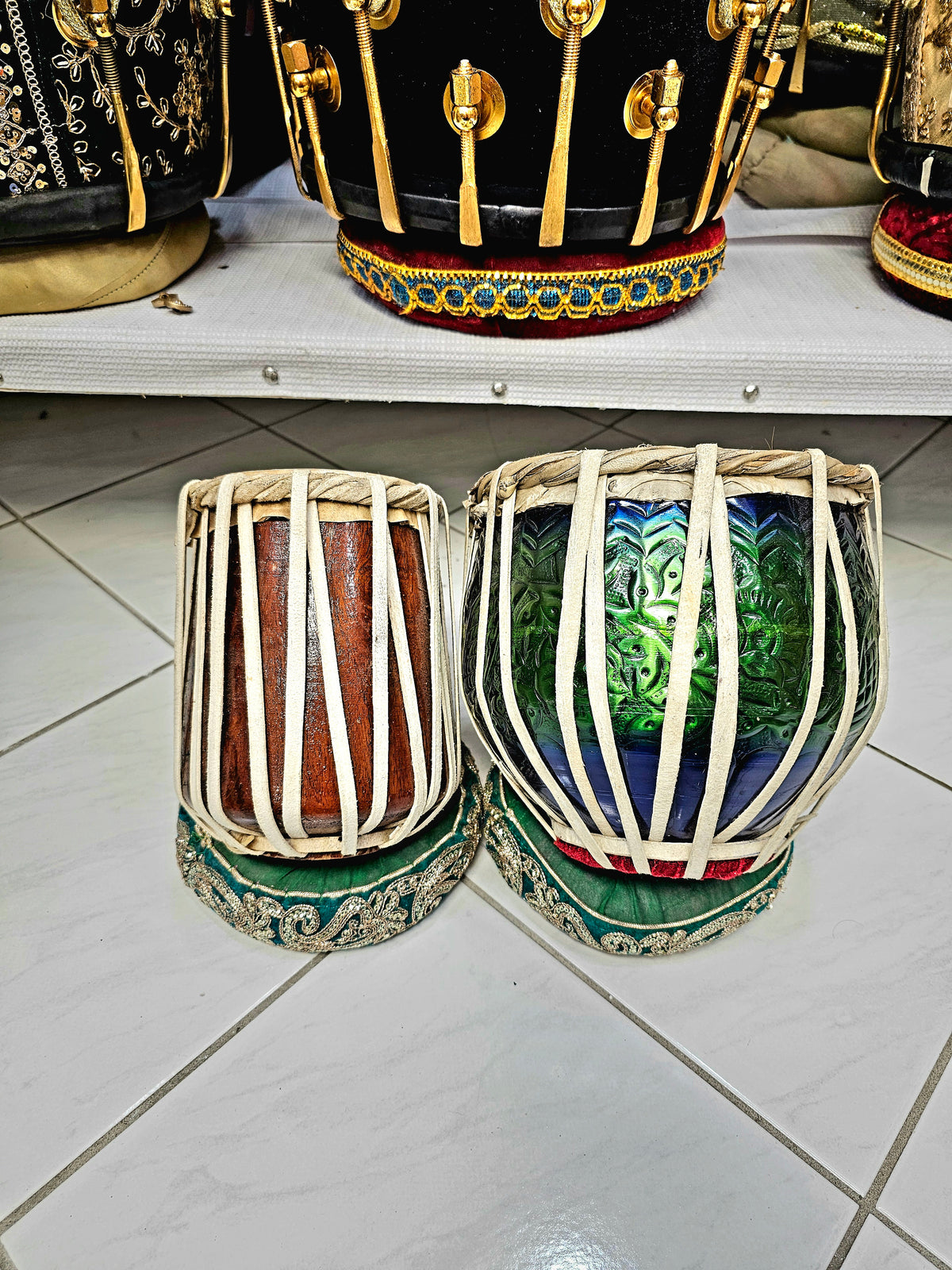 Tranquil Melody Decorative Mini Tabla Set (Green & Blue Bayan, Wooden Dayan) - Sangeet Store