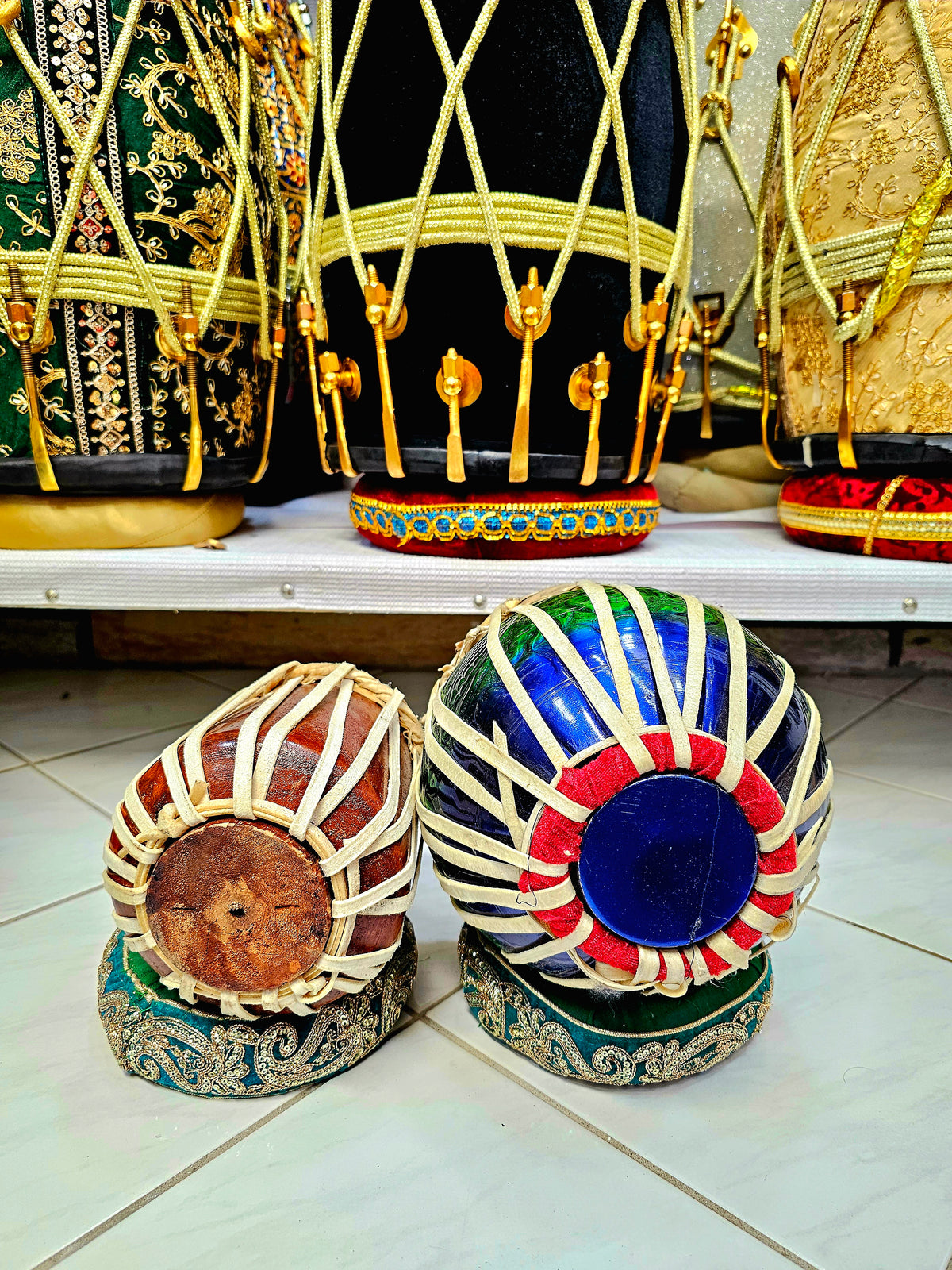 Tranquil Melody Decorative Mini Tabla Set (Green & Blue Bayan, Wooden Dayan) - Sangeet Store