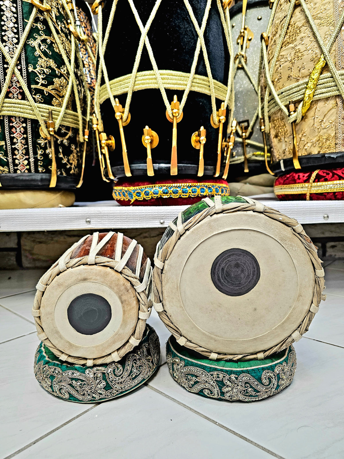 Tranquil Melody Decorative Mini Tabla Set (Green & Blue Bayan, Wooden Dayan) - Sangeet Store