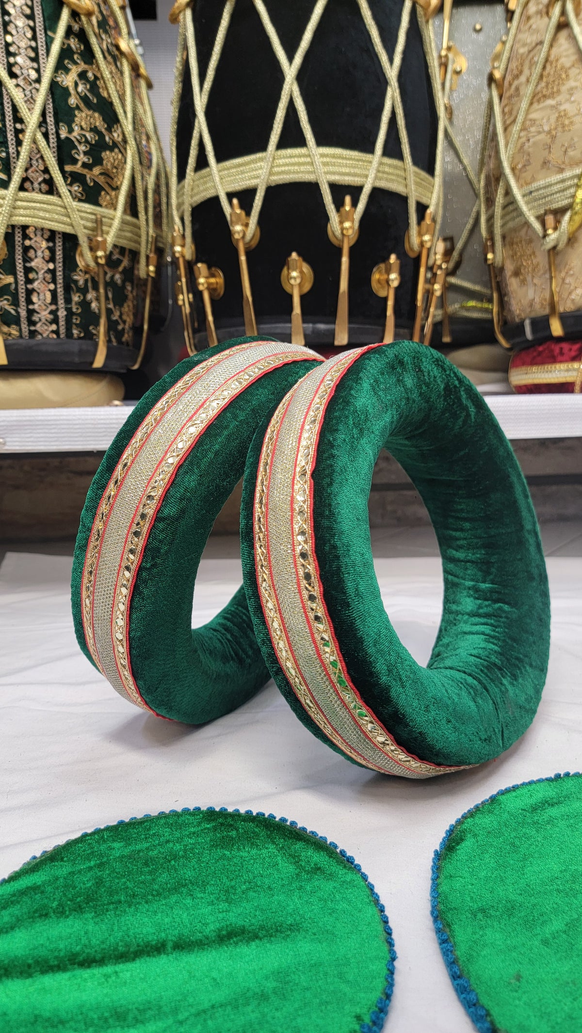 Veer Tabla Rings – Green & Gold Premium with Green and Blue Covers