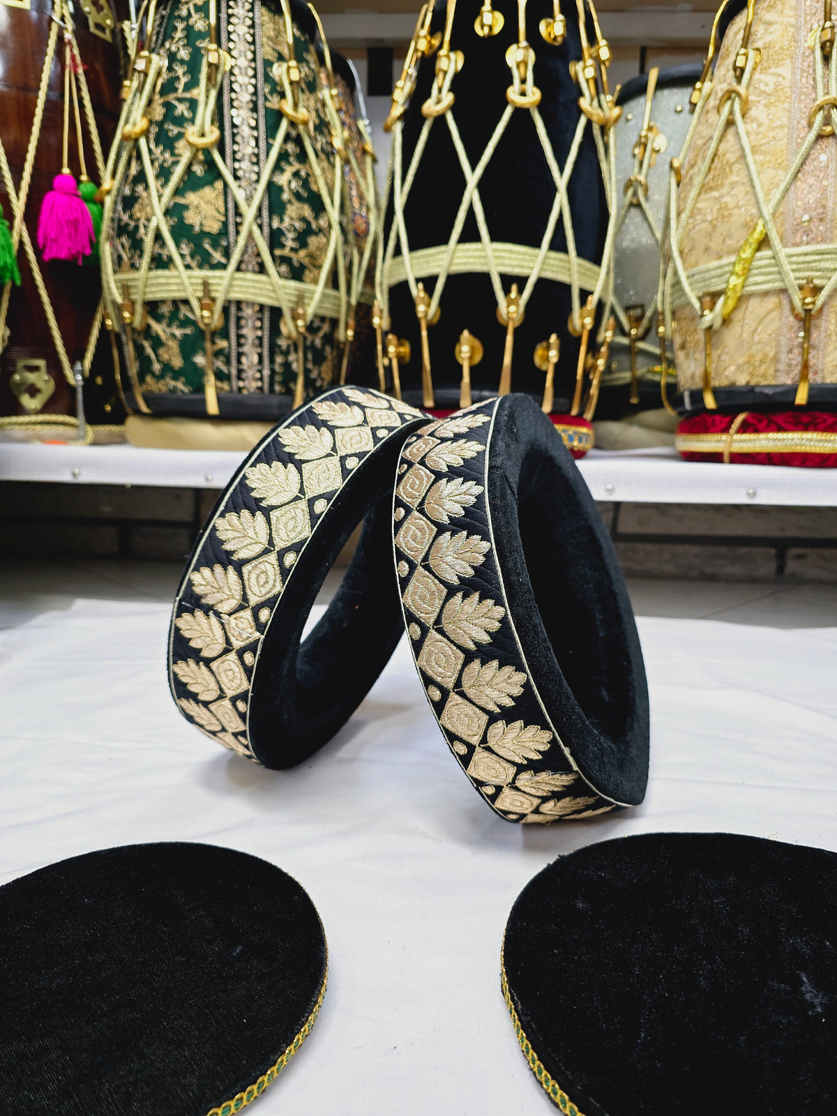 Ebony Gold Tabla Rings – Premium Black with Golden Leaves (Minor Defects)