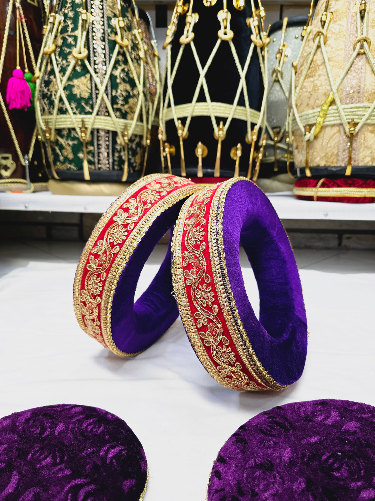 Royal Amethyst Tabla Rings – Premium Purple with Gold & Red Felt Design - Sangeet Store