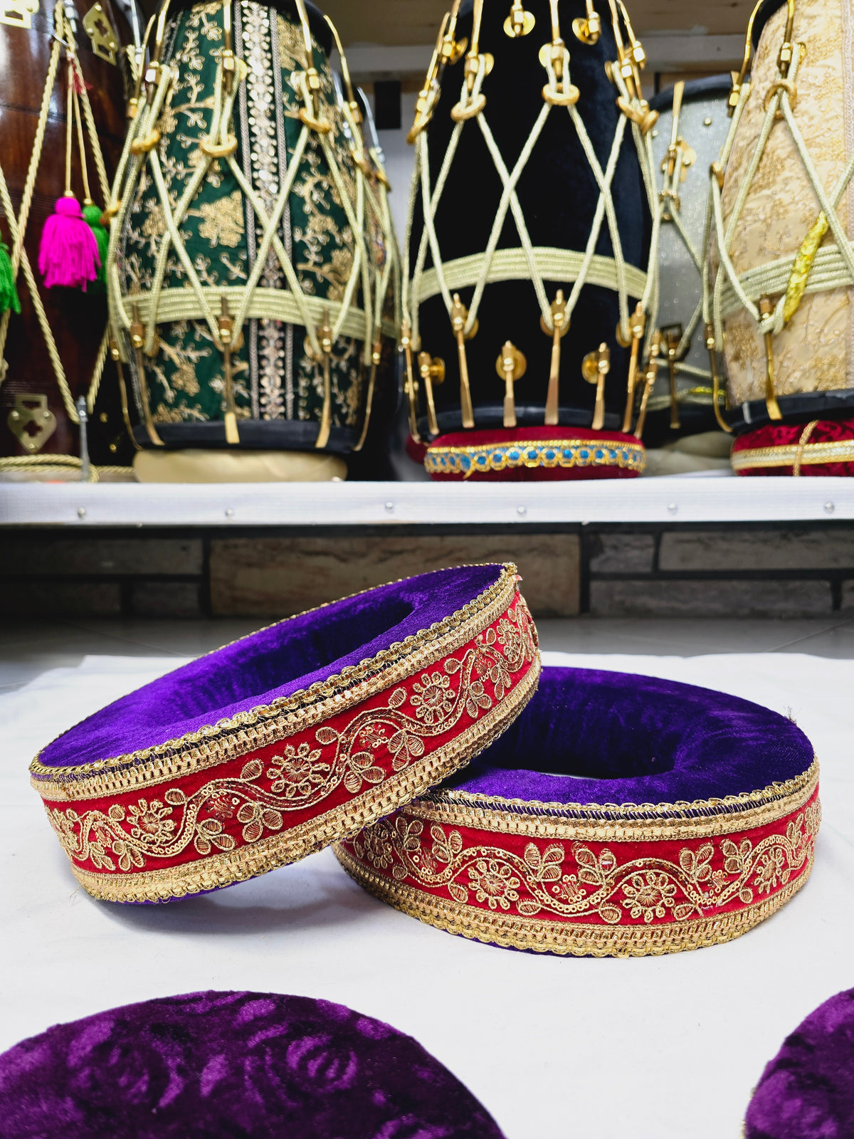 Royal Amethyst Tabla Rings – Premium Purple with Gold & Red Felt Design - Sangeet Store
