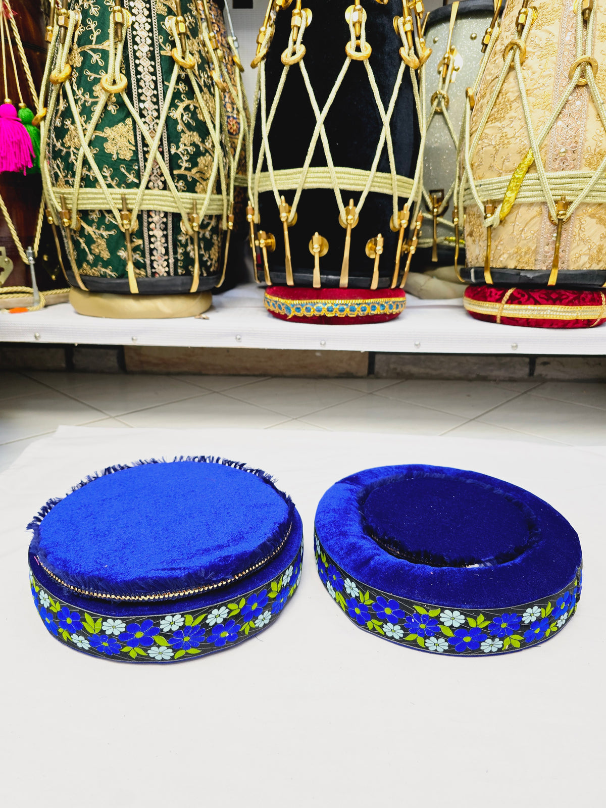 Sapphire Bloom Tabla Rings – Premium Blue with Floral Design - Sangeet Store