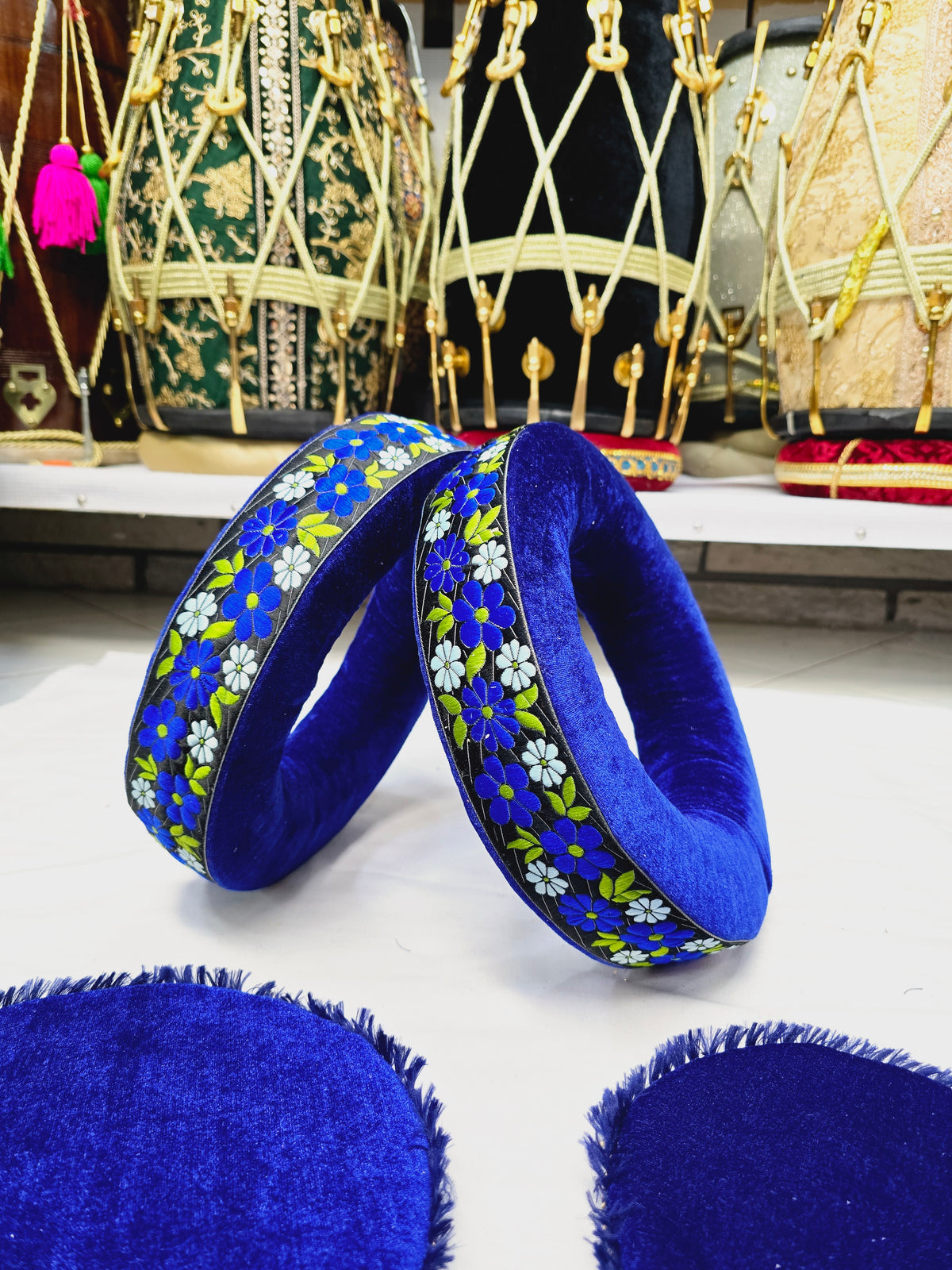 Sapphire Bloom Tabla Rings – Premium Blue with Floral Design - Sangeet Store