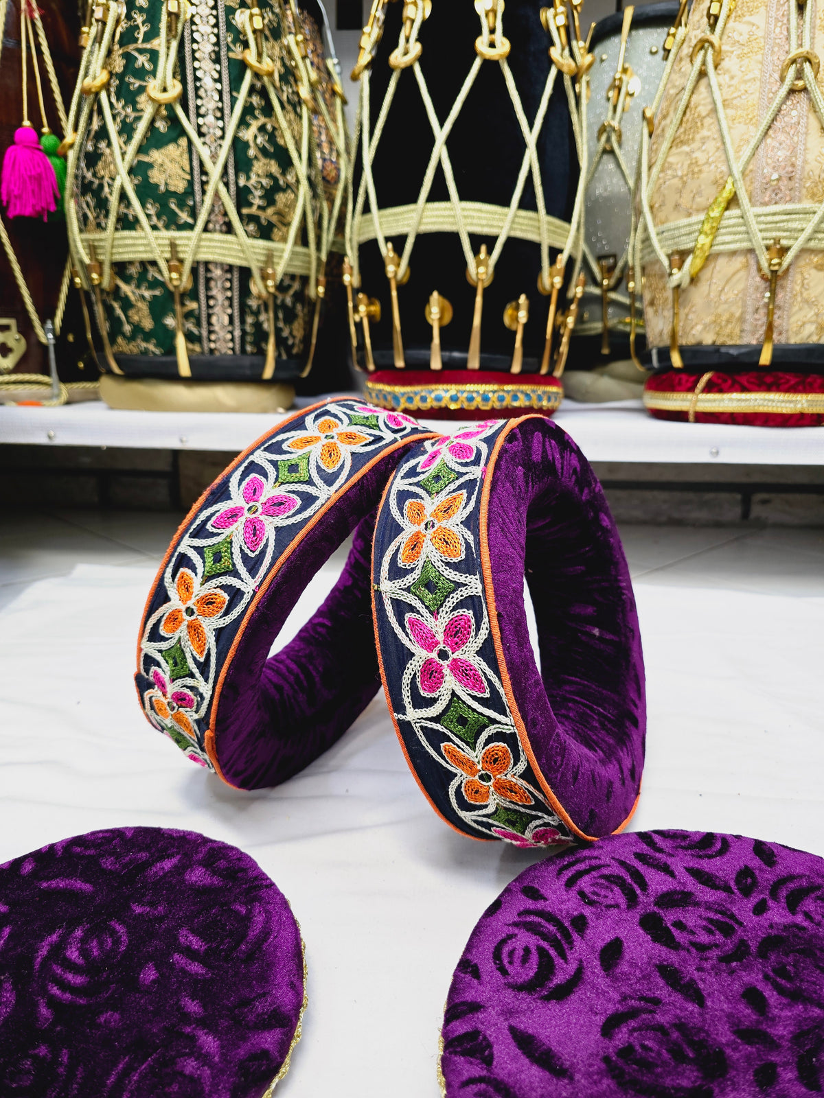 Orchid Radiance Tabla Rings – Premium Purple with Multicolor Floral Design - Sangeet Store