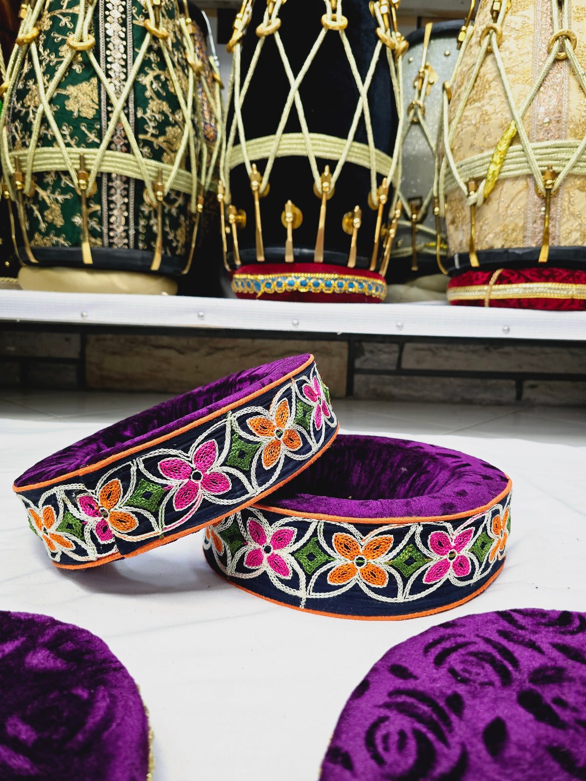 Orchid Radiance Tabla Rings – Premium Purple with Multicolor Floral Design - Sangeet Store