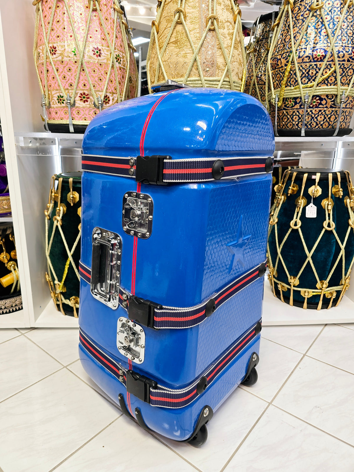 Traveler’s Rhythm: Blue Tabla/Dholak Case with Fixed Wheels